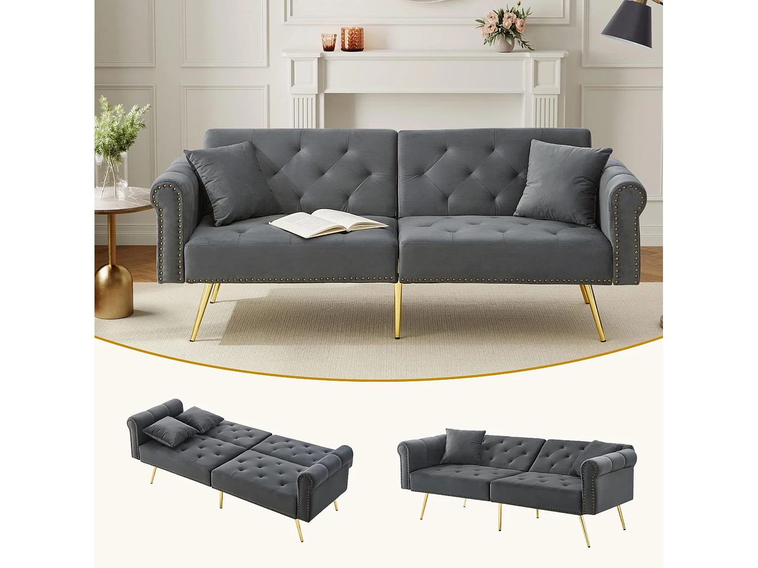 Nowoczesna sofa 2-osobowa z funkcją spania – 173 x 75 x 70 cm – 3-stopniowa regulacja oparcia + złote metalowe nogi – aksamit – szary
