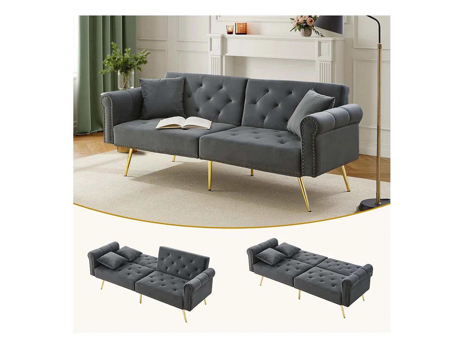 Nowoczesna sofa 2-osobowa z funkcją spania – 173 x 75 x 70 cm – 3-stopniowa regulacja oparcia + złote metalowe nogi – aksamit – szary