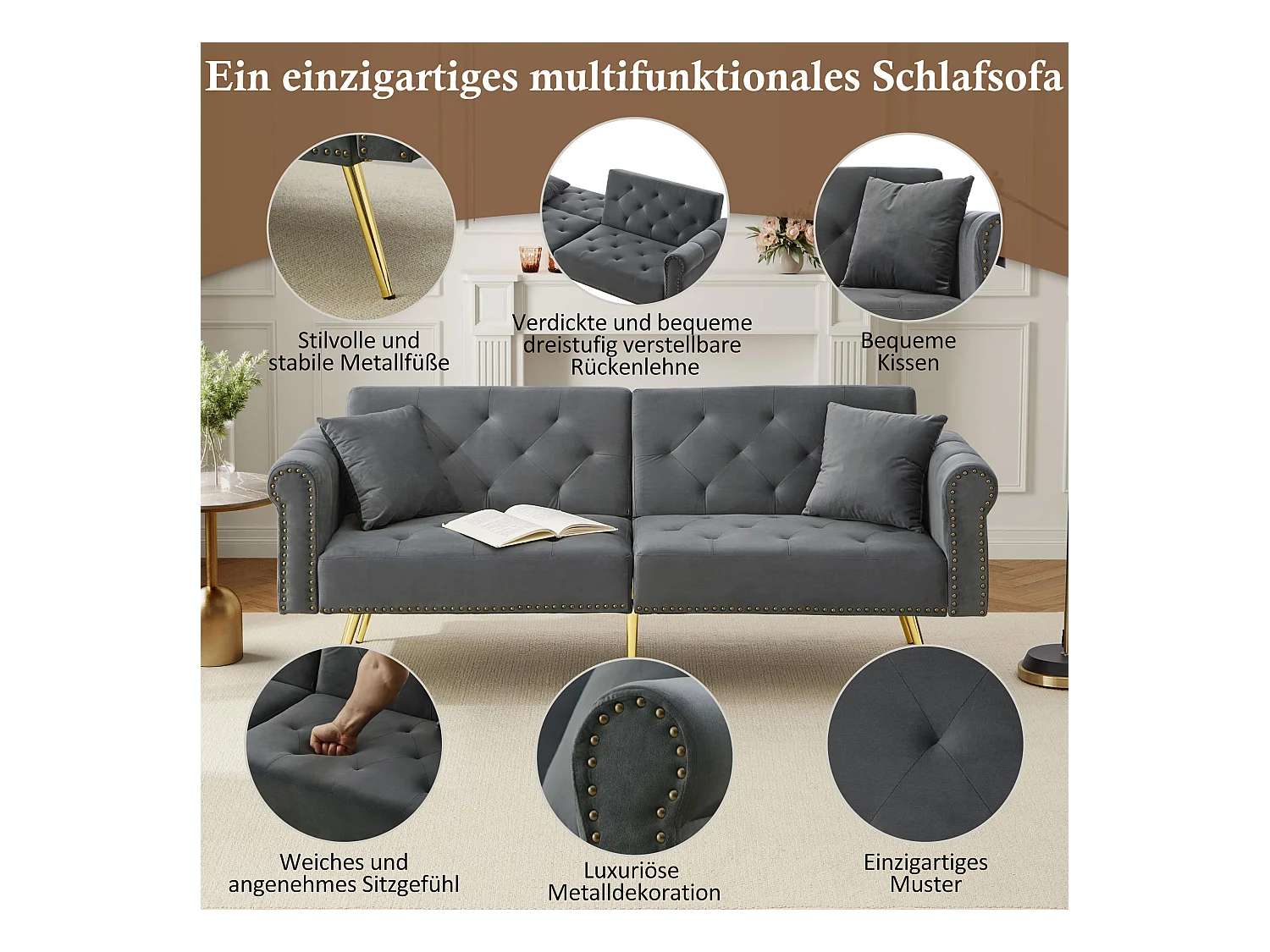 Nowoczesna sofa 2-osobowa z funkcją spania – 173 x 75 x 70 cm – 3-stopniowa regulacja oparcia + złote metalowe nogi – aksamit – szary