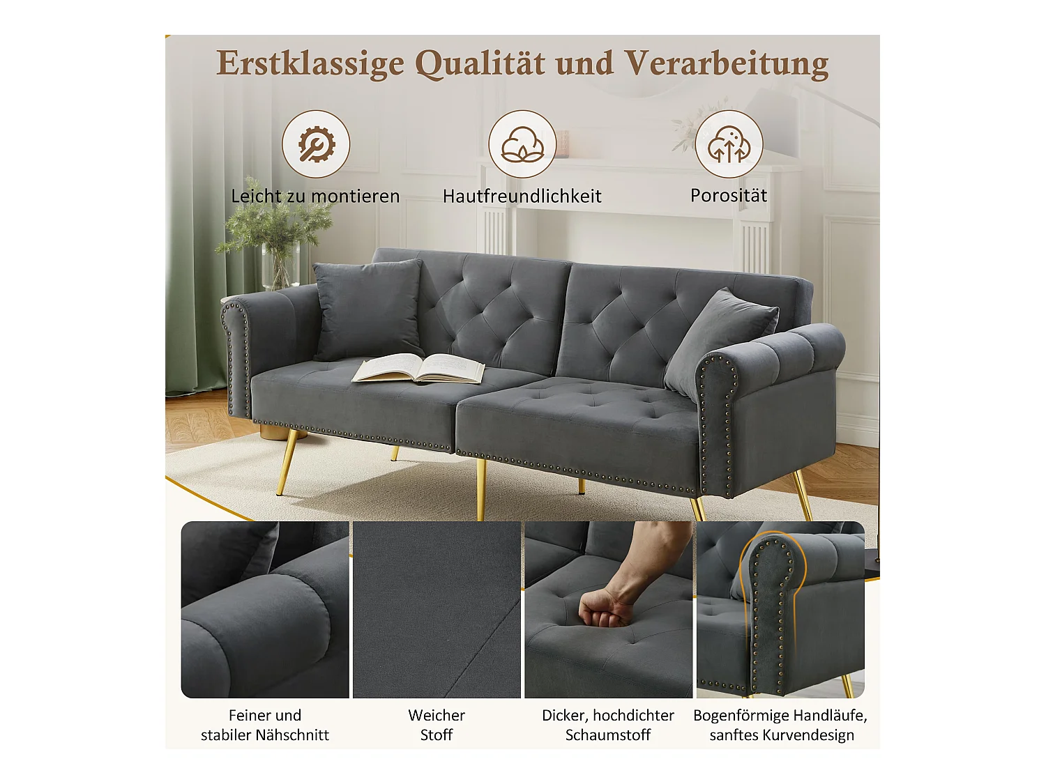 Nowoczesna sofa 2-osobowa z funkcją spania – 173 x 75 x 70 cm – 3-stopniowa regulacja oparcia + złote metalowe nogi – aksamit – szary