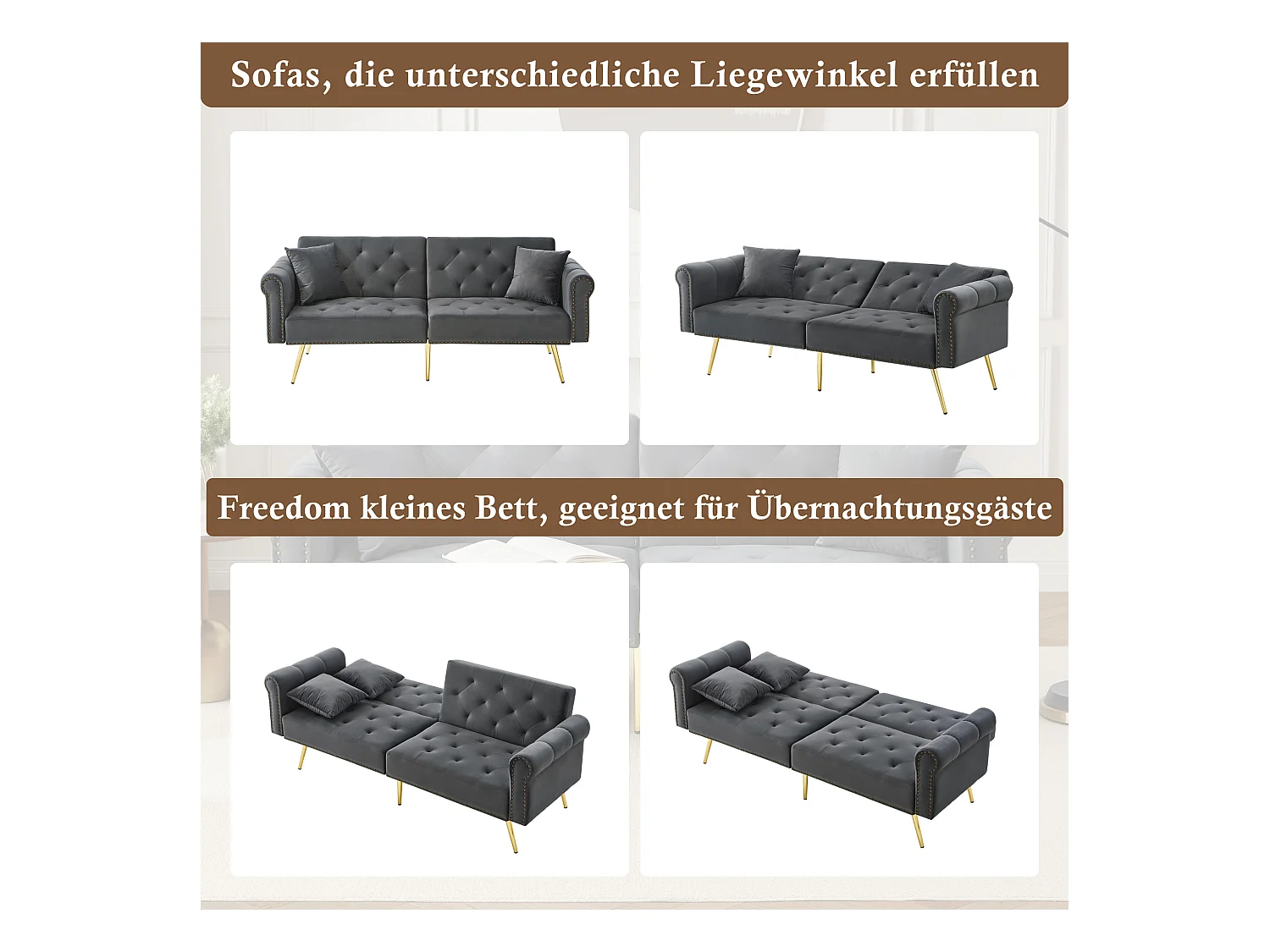 Nowoczesna sofa 2-osobowa z funkcją spania – 173 x 75 x 70 cm – 3-stopniowa regulacja oparcia + złote metalowe nogi – aksamit – szary