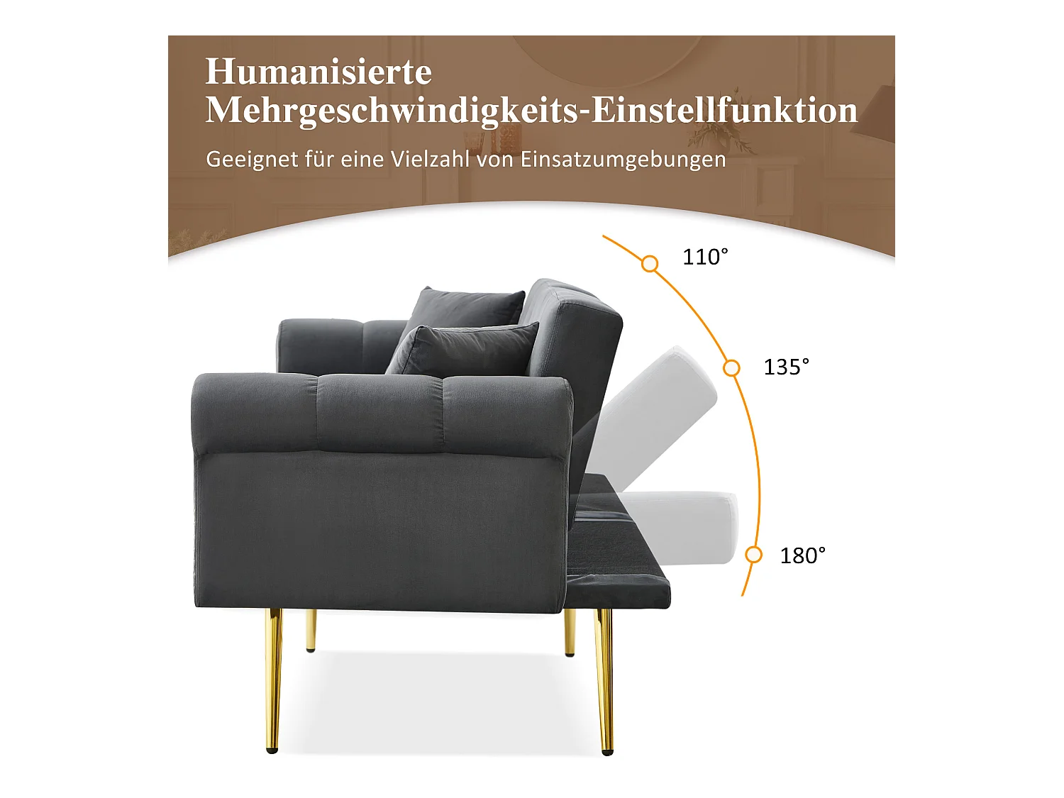 Nowoczesna sofa 2-osobowa z funkcją spania – 173 x 75 x 70 cm – 3-stopniowa regulacja oparcia + złote metalowe nogi – aksamit – szary