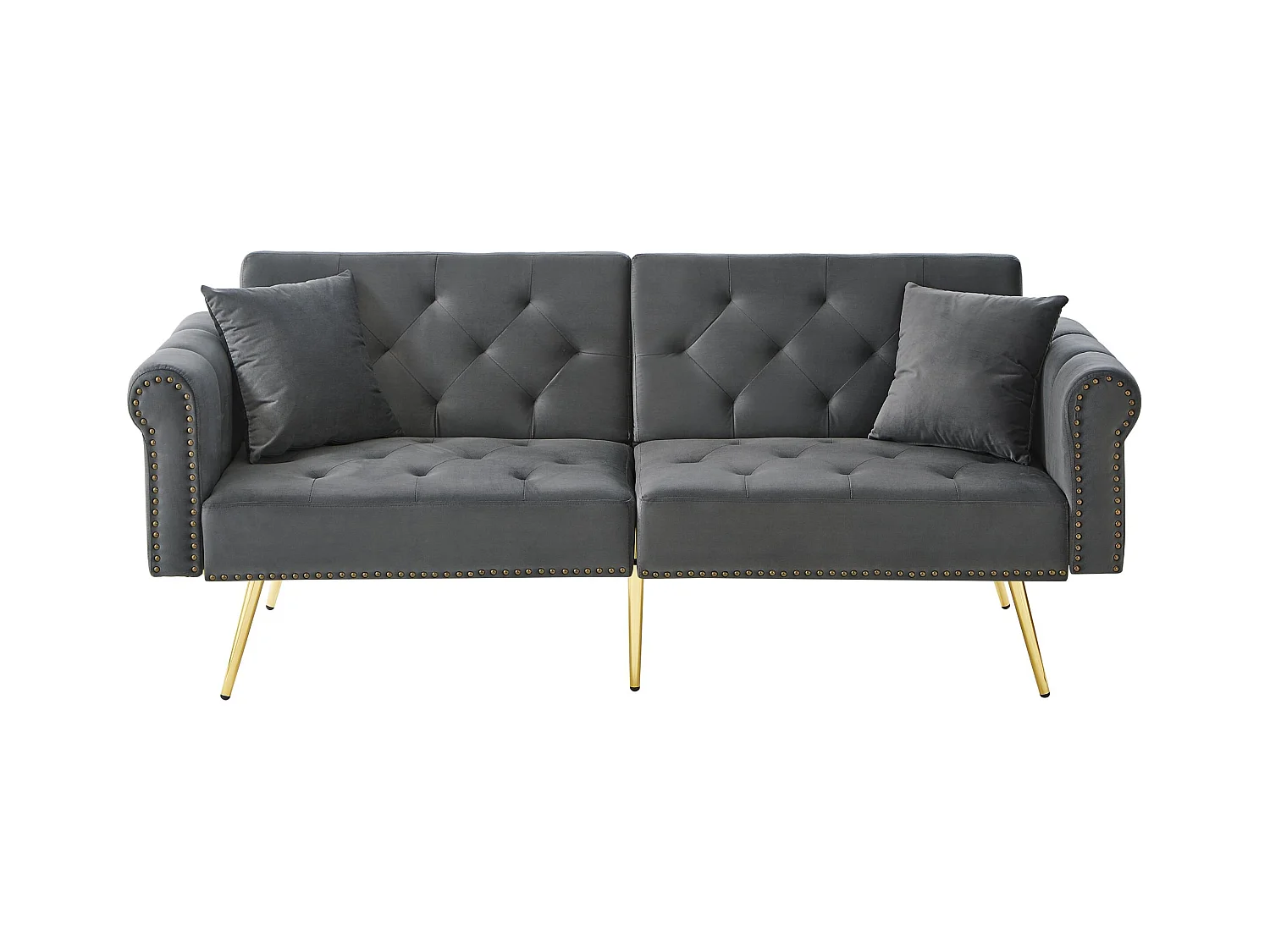 Nowoczesna sofa 2-osobowa z funkcją spania – 173 x 75 x 70 cm – 3-stopniowa regulacja oparcia + złote metalowe nogi – aksamit – szary