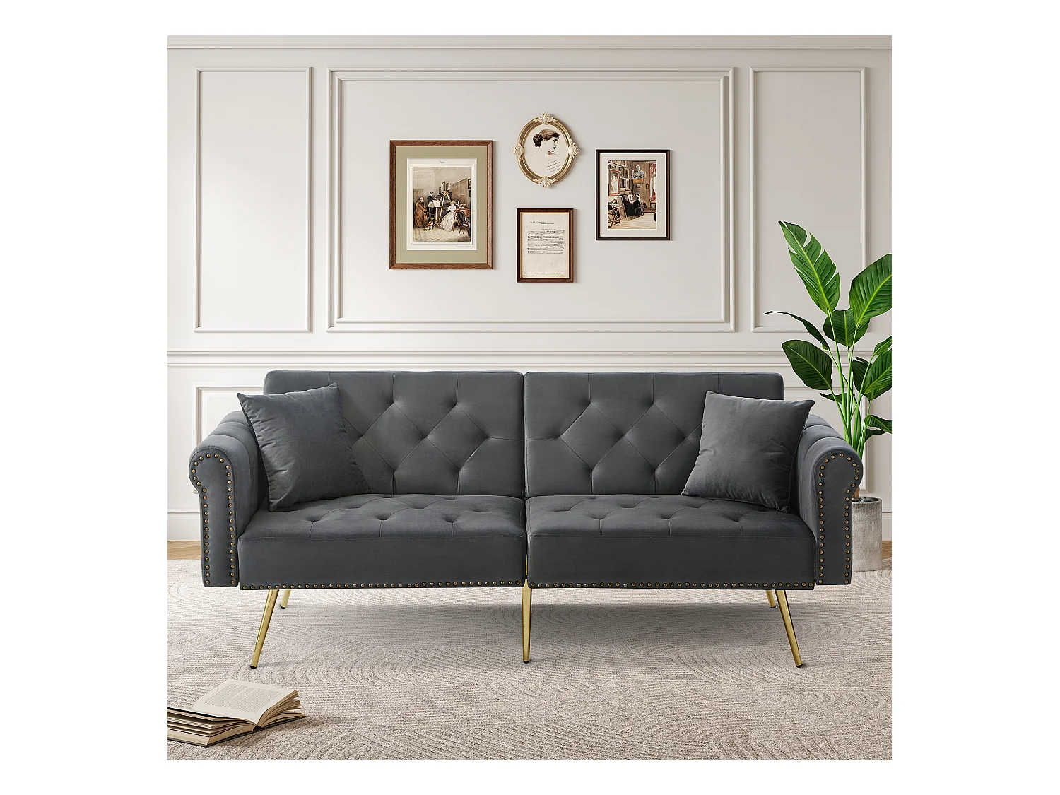 Nowoczesna sofa 2-osobowa z funkcją spania – 173 x 75 x 70 cm – 3-stopniowa regulacja oparcia + złote metalowe nogi – aksamit – szary