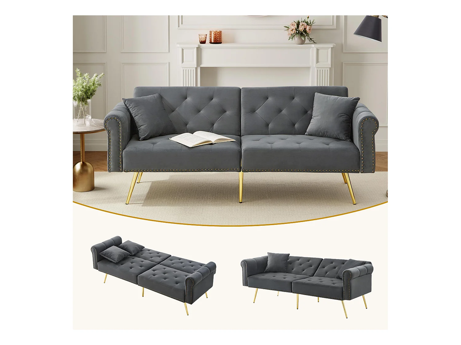 Canapé-lit 2 places moderne – 173 x 75 x 70 cm - dossier réglable sur 3 niveaux +  pieds en métal doré - velours - gris
