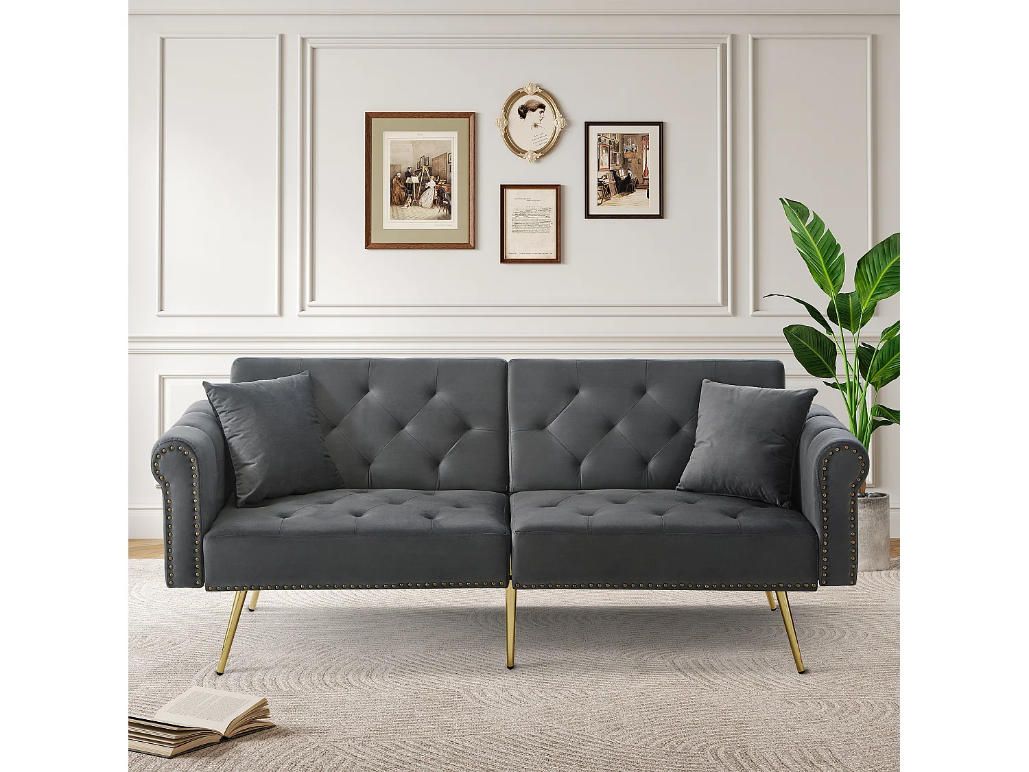 Moderne 2-zits slaapbank – 173 x 75 x 70 cm – 3-voudig verstelbare rugleuning + gouden metalen poten – fluweel – grijs