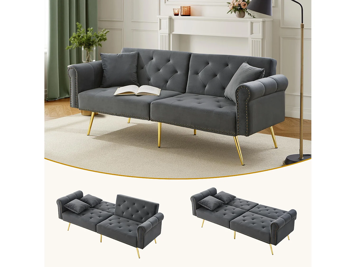 Moderne 2-zits slaapbank – 173 x 75 x 70 cm – 3-voudig verstelbare rugleuning + gouden metalen poten – fluweel – grijs