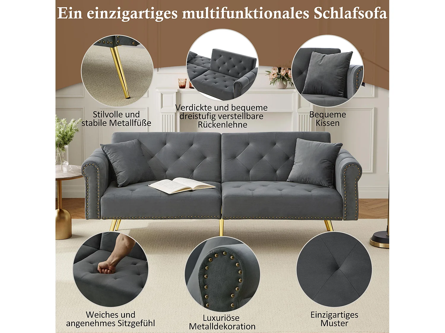 Moderne 2-zits slaapbank – 173 x 75 x 70 cm – 3-voudig verstelbare rugleuning + gouden metalen poten – fluweel – grijs