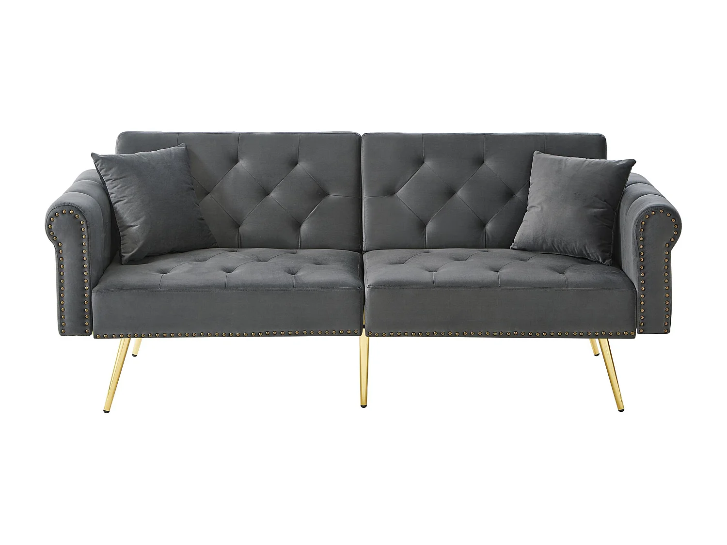 Moderne 2-zits slaapbank – 173 x 75 x 70 cm – 3-voudig verstelbare rugleuning + gouden metalen poten – fluweel – grijs