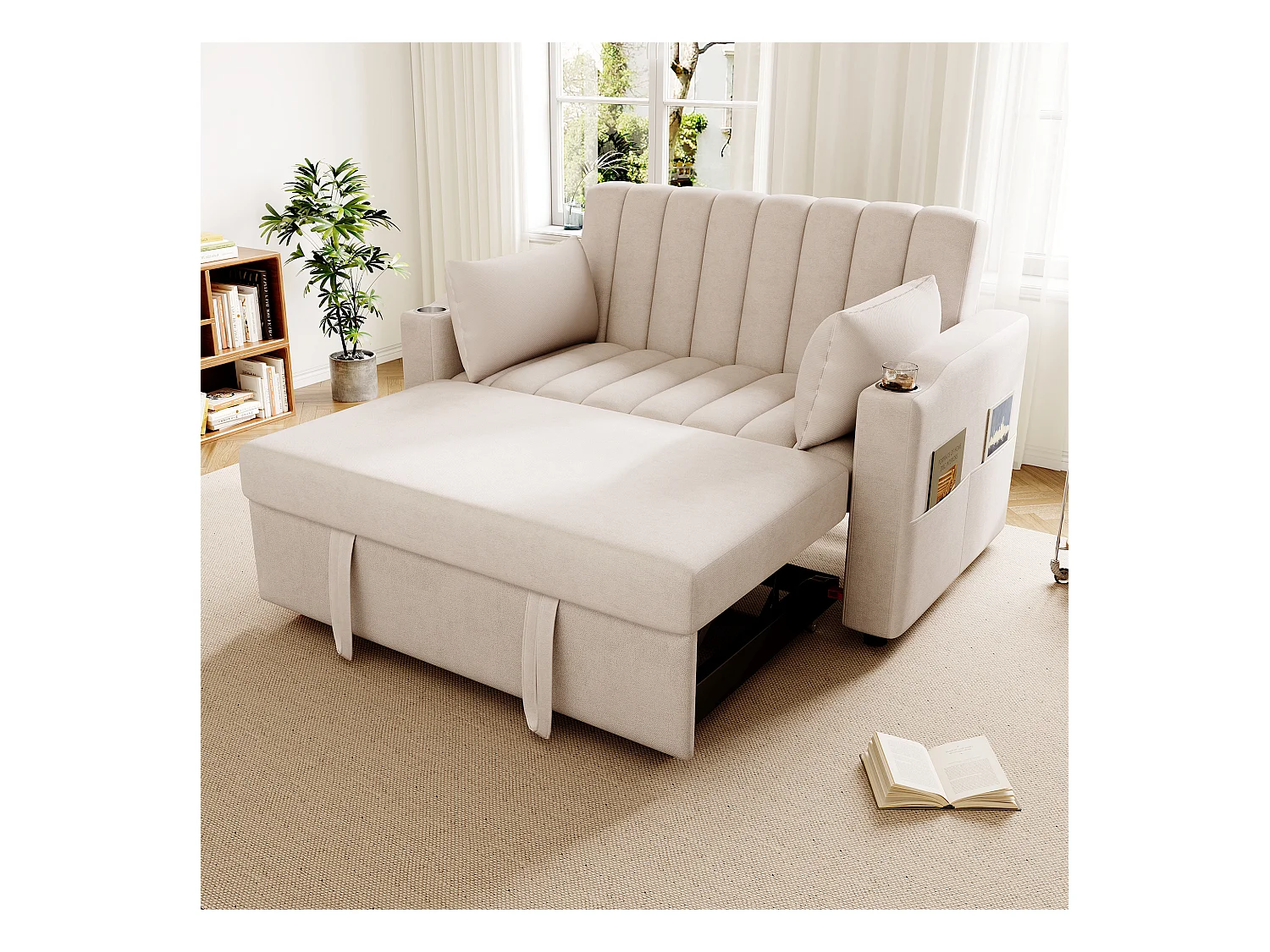 Canapé-lit gigogne - 80 x 160 cm - double avec dossier réglable + avec porte + gobelet + oreillers - Tissu - Coton - beige