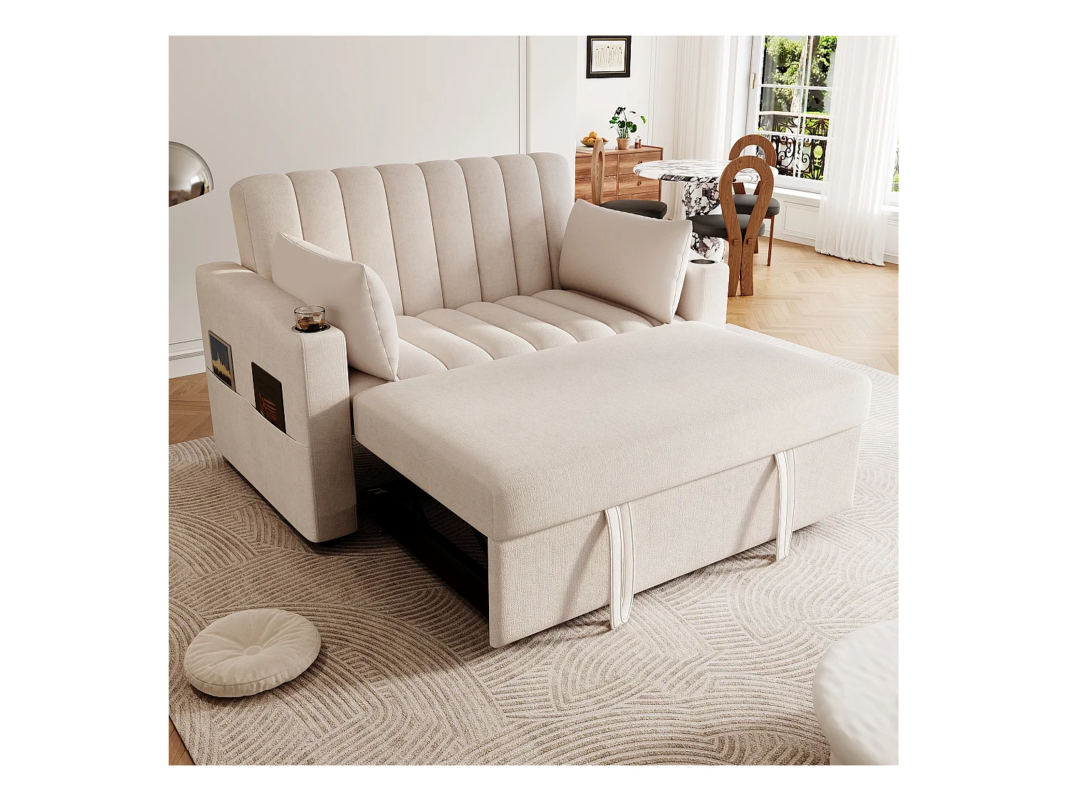 Canapé-lit gigogne - 80 x 160 cm - double avec dossier réglable + avec porte + gobelet + oreillers - Tissu - Coton - beige