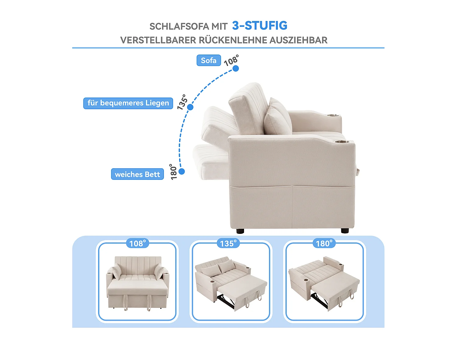 Canapé-lit gigogne - 80 x 160 cm - double avec dossier réglable + avec porte + gobelet + oreillers - Tissu - Coton - beige