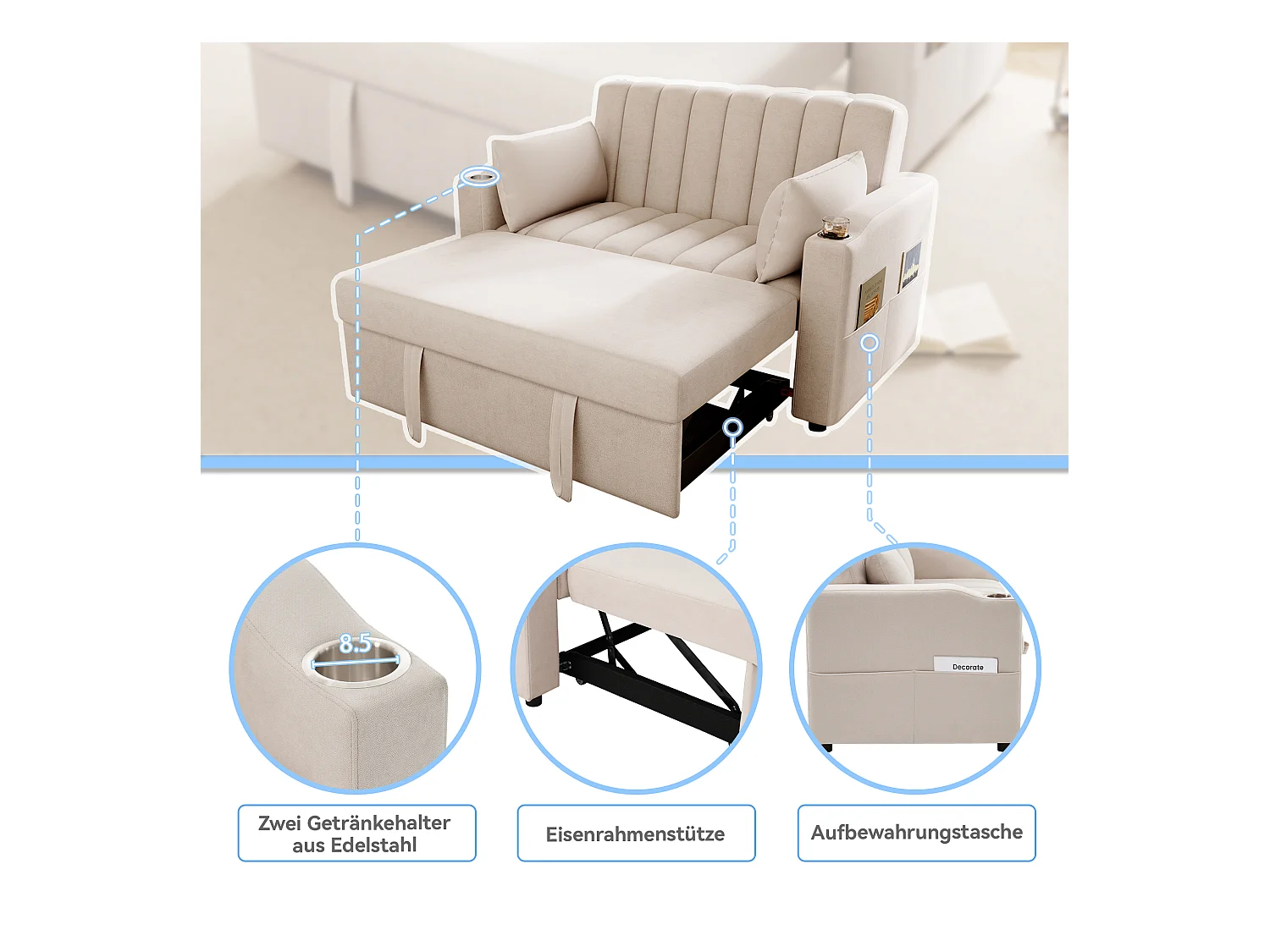 Canapé-lit gigogne - 80 x 160 cm - double avec dossier réglable + avec porte + gobelet + oreillers - Tissu - Coton - beige