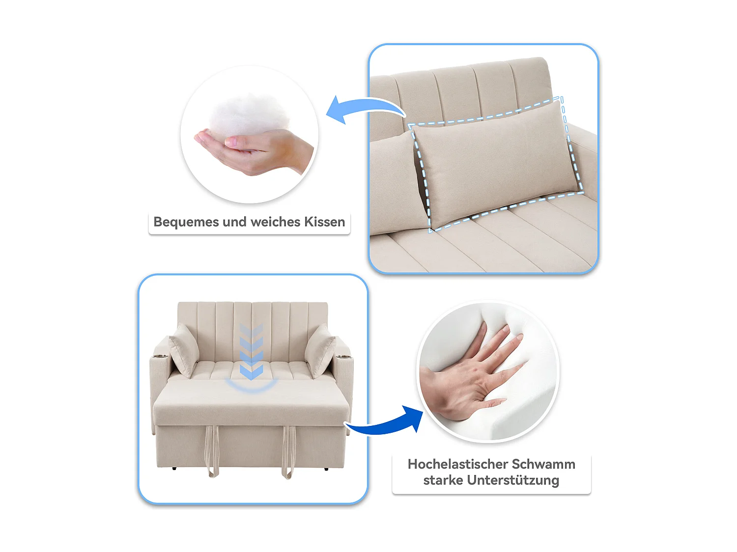 Canapé-lit gigogne - 80 x 160 cm - double avec dossier réglable + avec porte + gobelet + oreillers - Tissu - Coton - beige