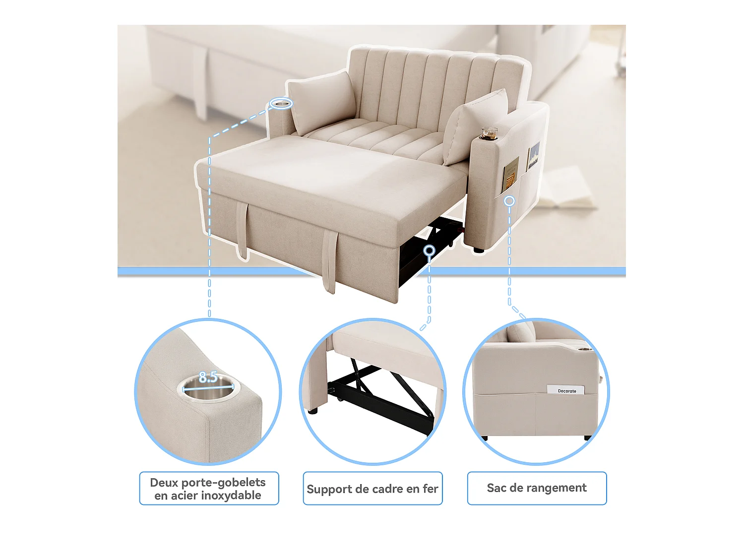 Canapé-lit gigogne - 80 x 160 cm - double avec dossier réglable + avec porte + gobelet + oreillers - Tissu - Coton - beige