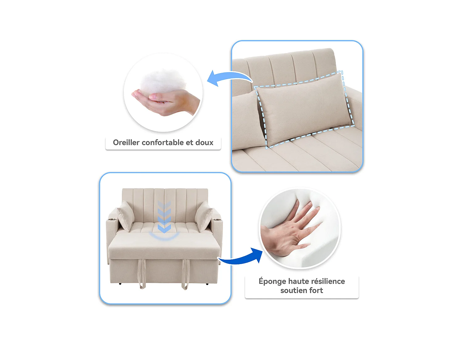 Canapé-lit gigogne - 80 x 160 cm - double avec dossier réglable + avec porte + gobelet + oreillers - Tissu - Coton - beige