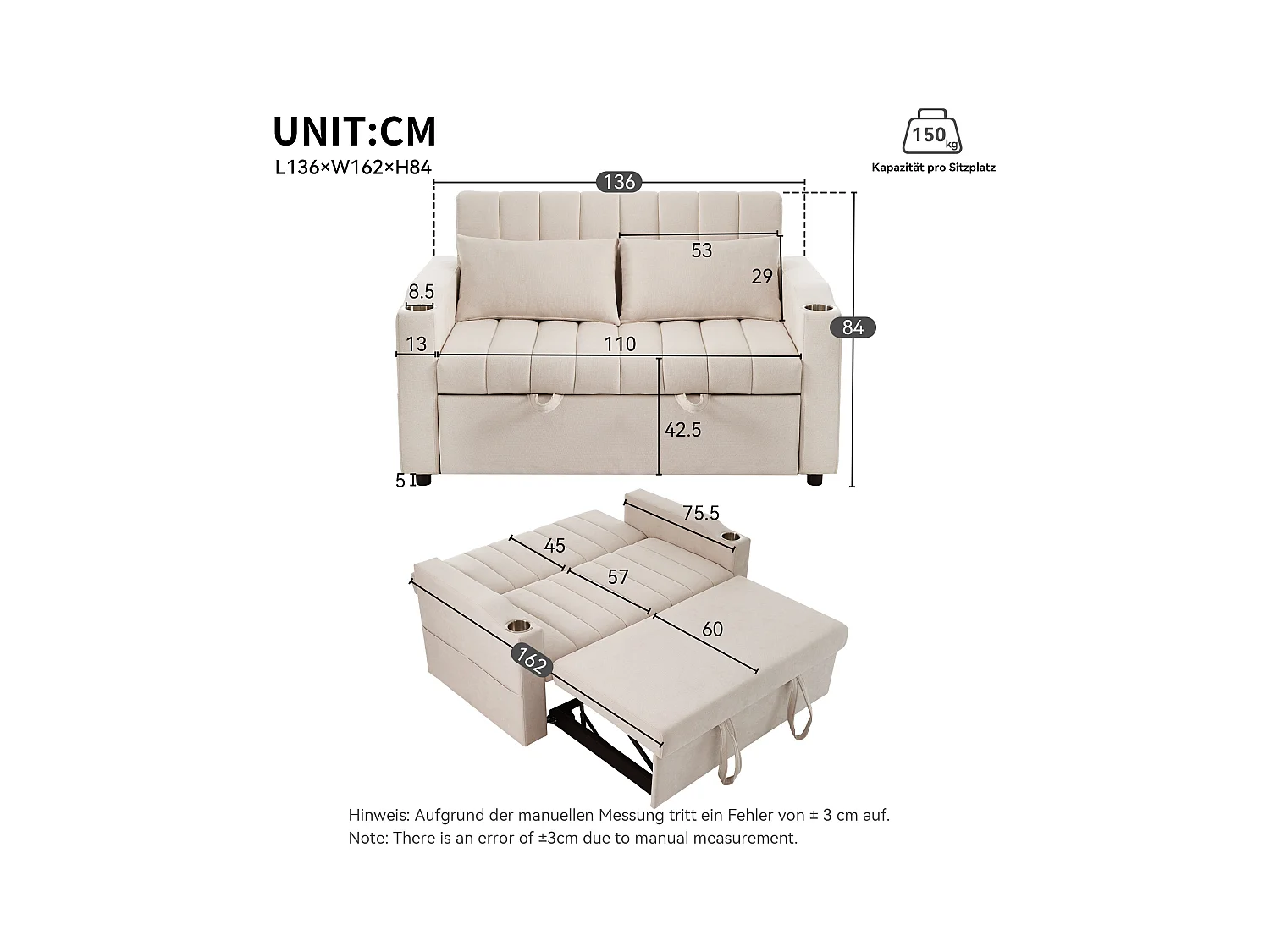 Canapé-lit gigogne - 80 x 160 cm - double avec dossier réglable + avec porte + gobelet + oreillers - Tissu - Coton - beige