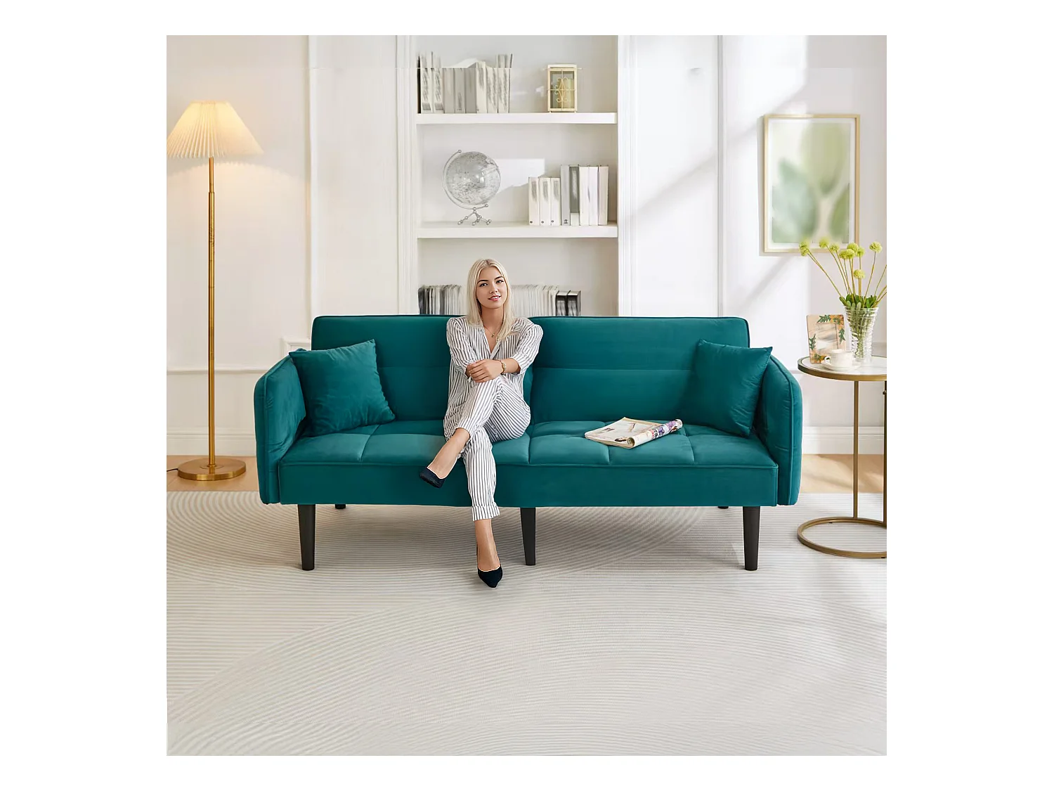 2-in-1 verstelbare slaapbank - 176 x 78 x 76 cm - 2-zits - met opklapbare armleuningen - Fluweel - Groen