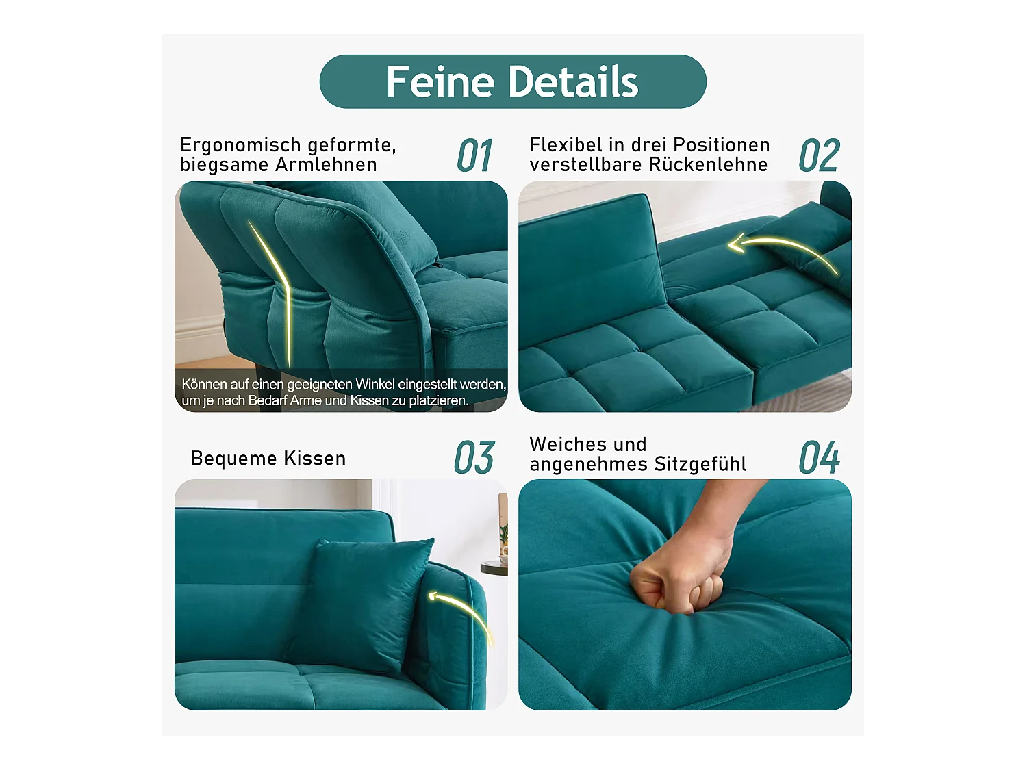 2-in-1 verstelbare slaapbank - 176 x 78 x 76 cm - 2-zits - met opklapbare armleuningen - Fluweel - Groen