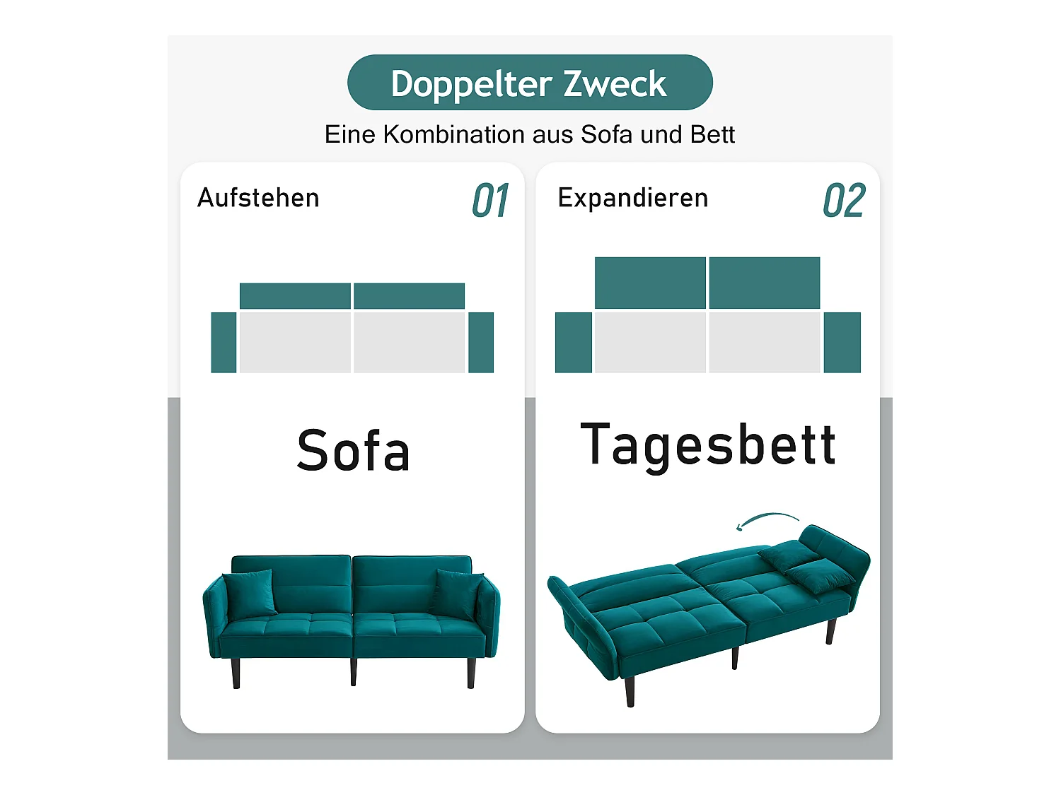 2-in-1 verstelbare slaapbank - 176 x 78 x 76 cm - 2-zits - met opklapbare armleuningen - Fluweel - Groen