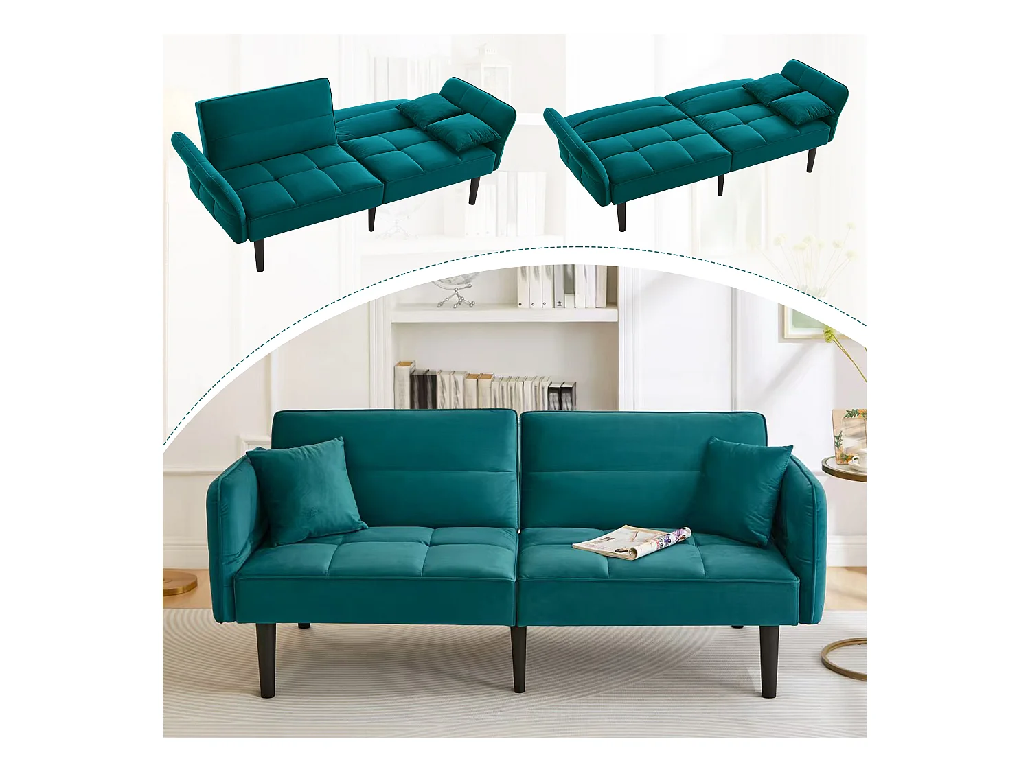 Canapé-lit réglable 2 en 1 – 176 x 78 x 76 cm - 2 places - avec accoudoirs rabattables - velours - vert