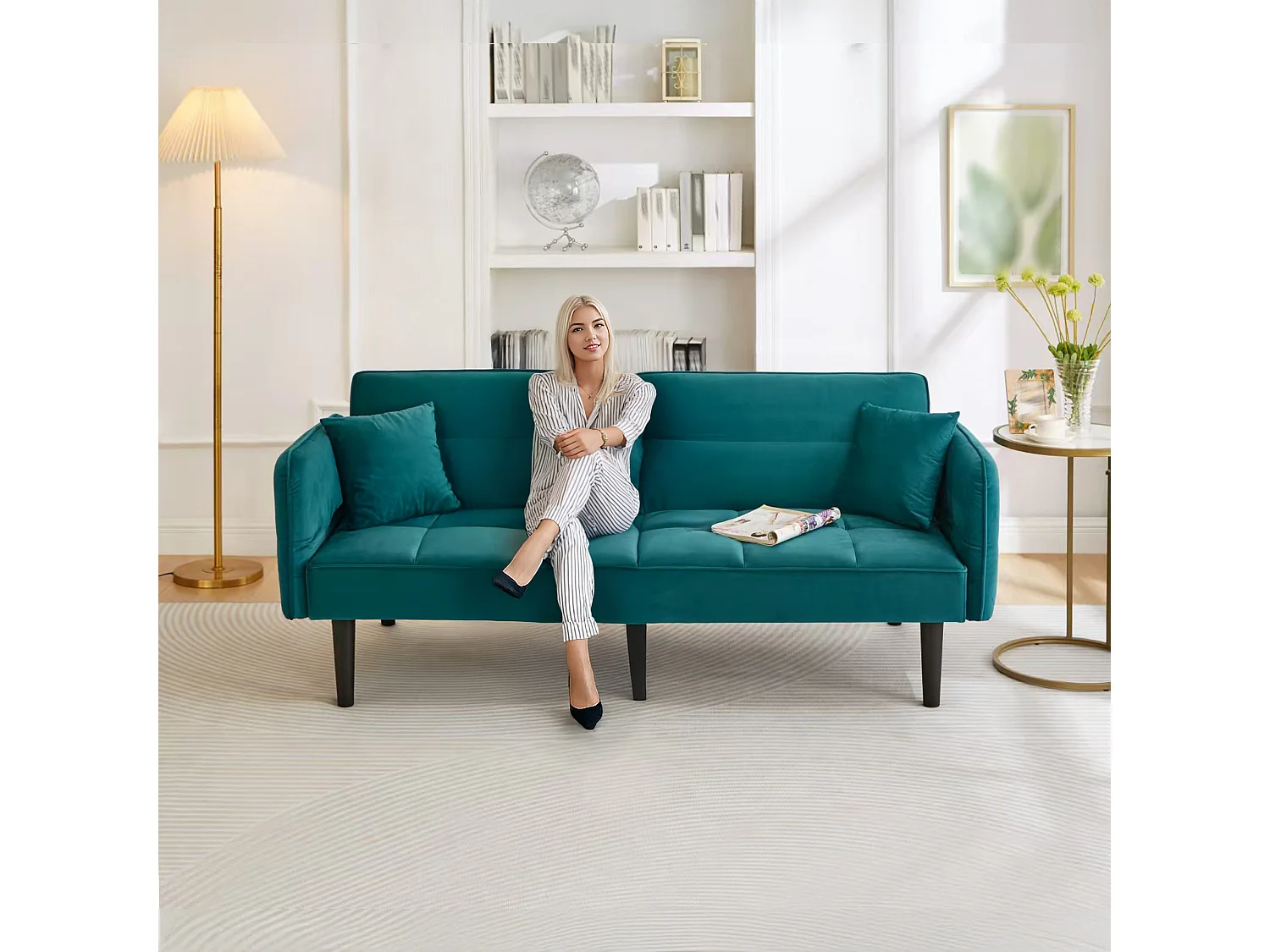 Canapé-lit réglable 2 en 1 – 176 x 78 x 76 cm - 2 places - avec accoudoirs rabattables - velours - vert