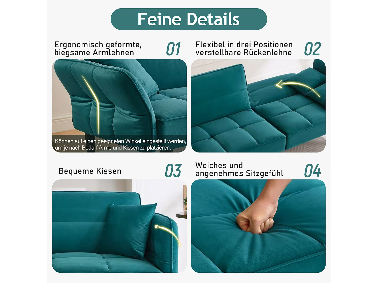 Canapé-lit réglable 2 en 1 – 176 x 78 x 76 cm - 2 places - avec accoudoirs rabattables - velours - vert