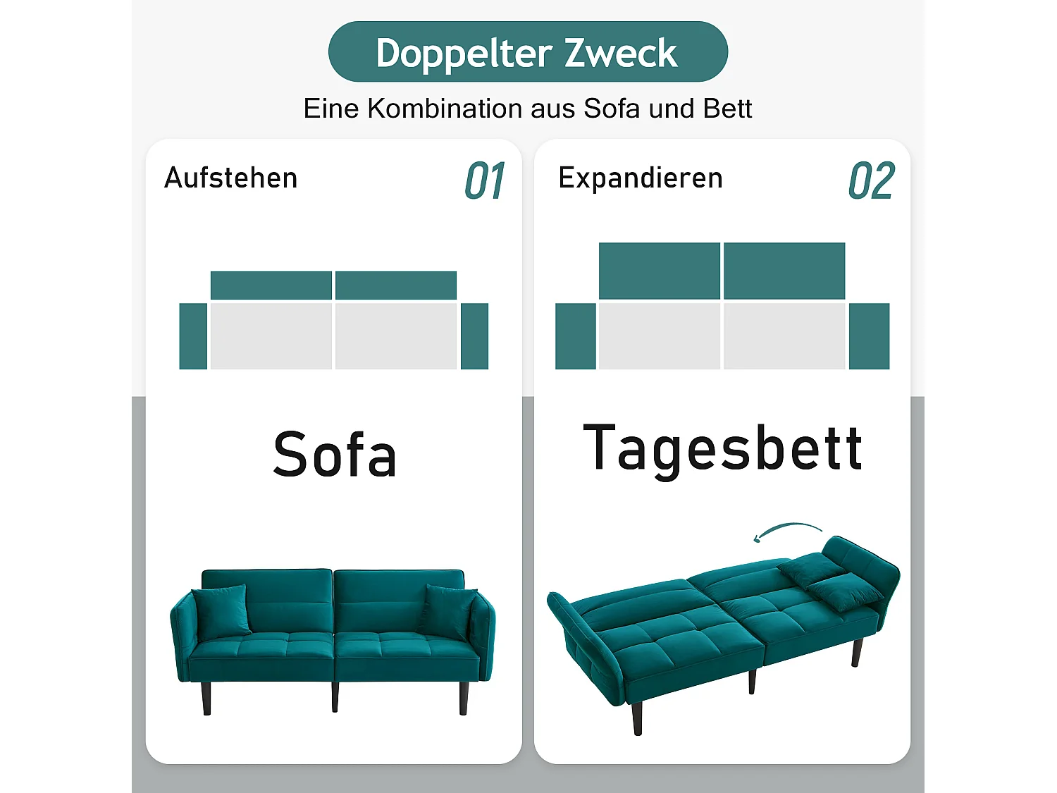 Canapé-lit réglable 2 en 1 – 176 x 78 x 76 cm - 2 places - avec accoudoirs rabattables - velours - vert