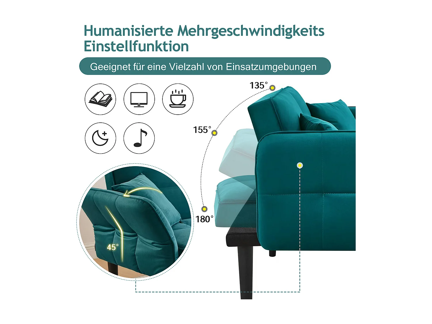 Canapé-lit réglable 2 en 1 – 176 x 78 x 76 cm - 2 places - avec accoudoirs rabattables - velours - vert