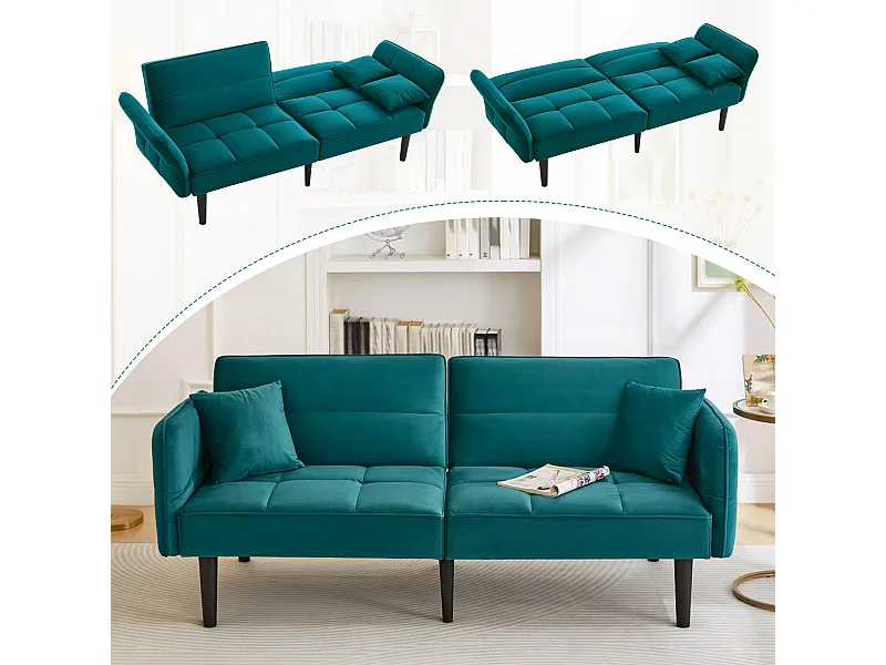 2-in-1 verstellbares Schlafsofa – 176 x 78 x 76 cm – 2-Sitzer – mit klappbaren Armlehnen – Samt – Grün