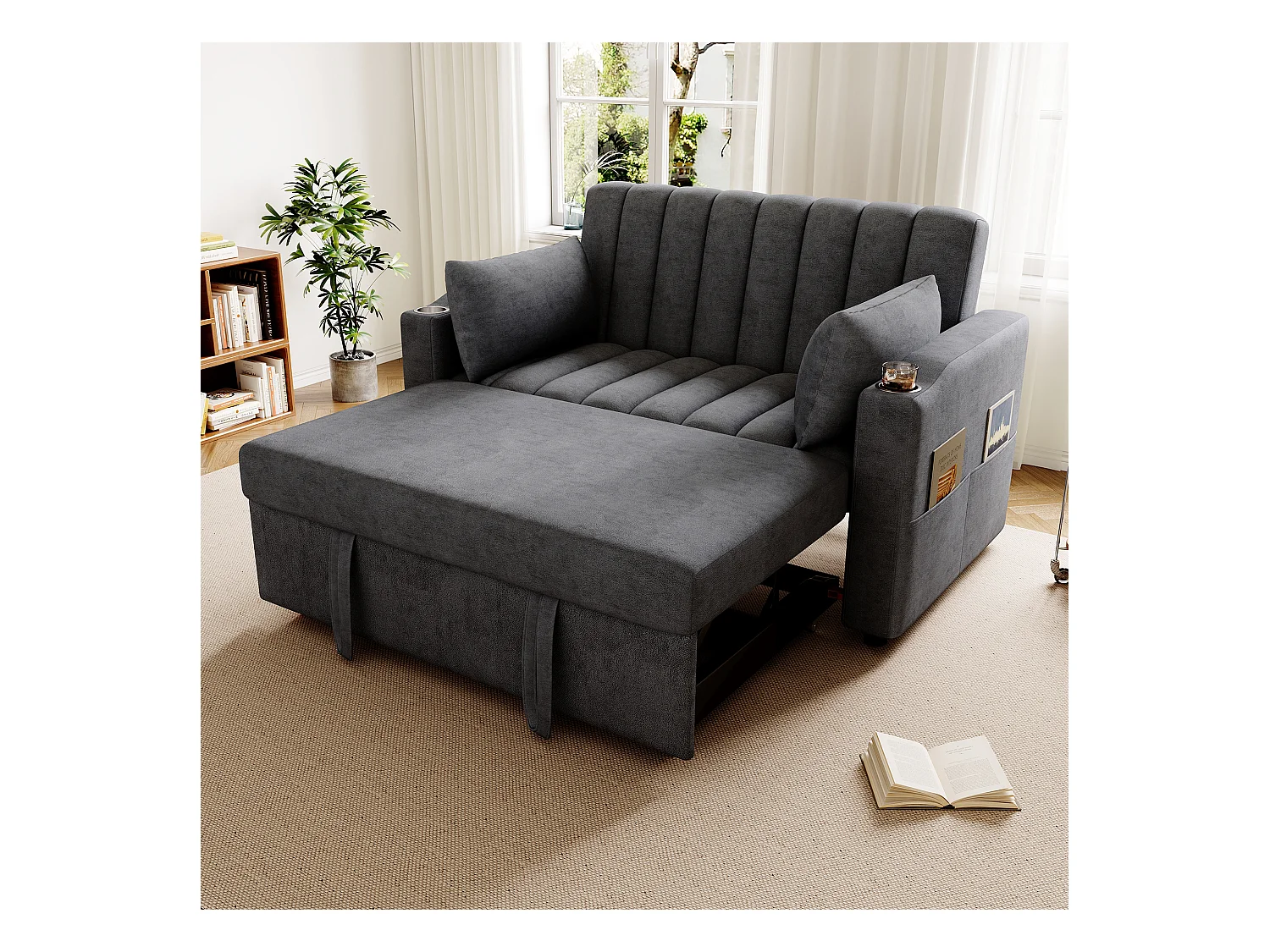 Canapé-lit gigogne - 80 x 160 cm - double avec dossier réglable + avec porte + gobelet + oreillers - Tissu - Coton - gris