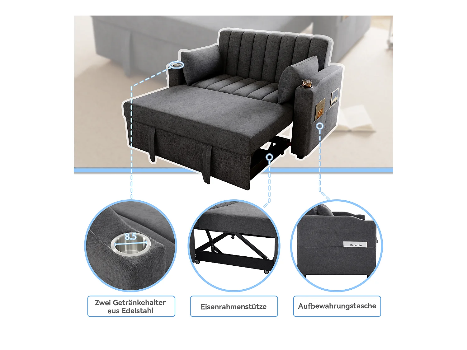 Canapé-lit gigogne - 80 x 160 cm - double avec dossier réglable + avec porte + gobelet + oreillers - Tissu - Coton - gris