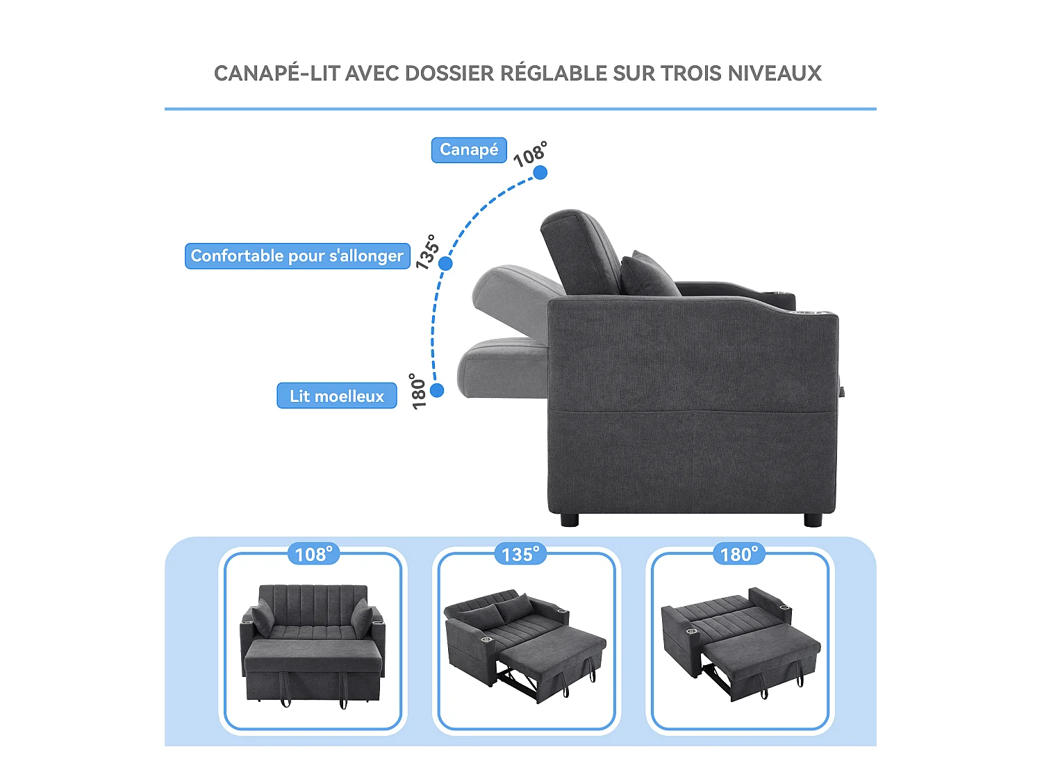 Canapé-lit gigogne - 80 x 160 cm - double avec dossier réglable + avec porte + gobelet + oreillers - Tissu - Coton - gris