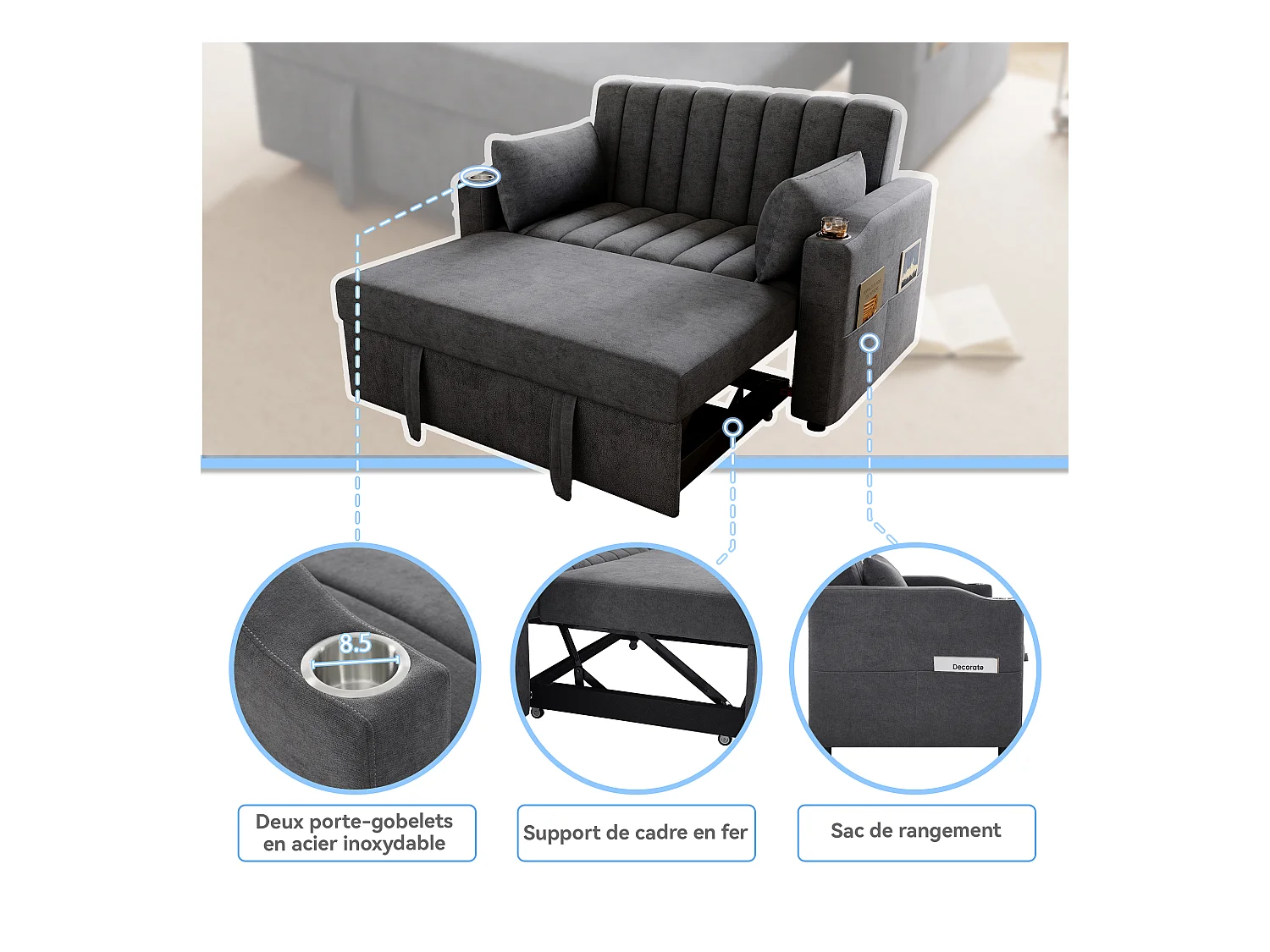 Canapé-lit gigogne - 80 x 160 cm - double avec dossier réglable + avec porte + gobelet + oreillers - Tissu - Coton - gris