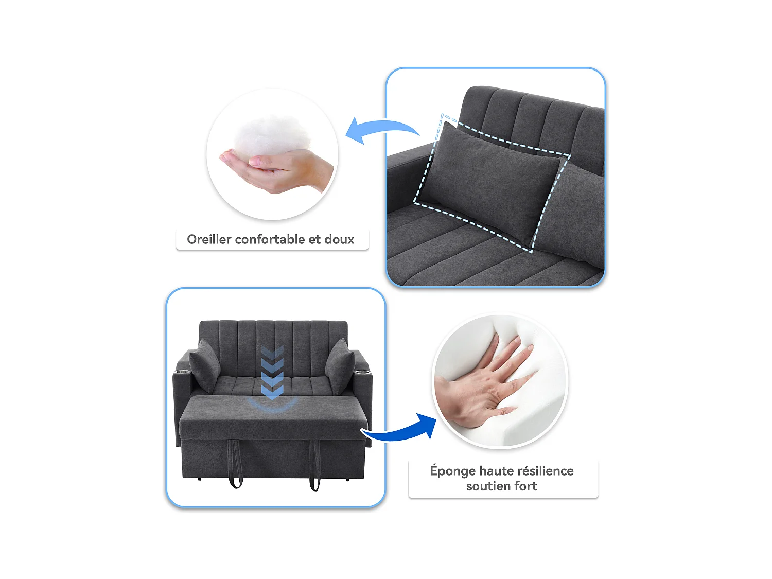 Canapé-lit gigogne - 80 x 160 cm - double avec dossier réglable + avec porte + gobelet + oreillers - Tissu - Coton - gris