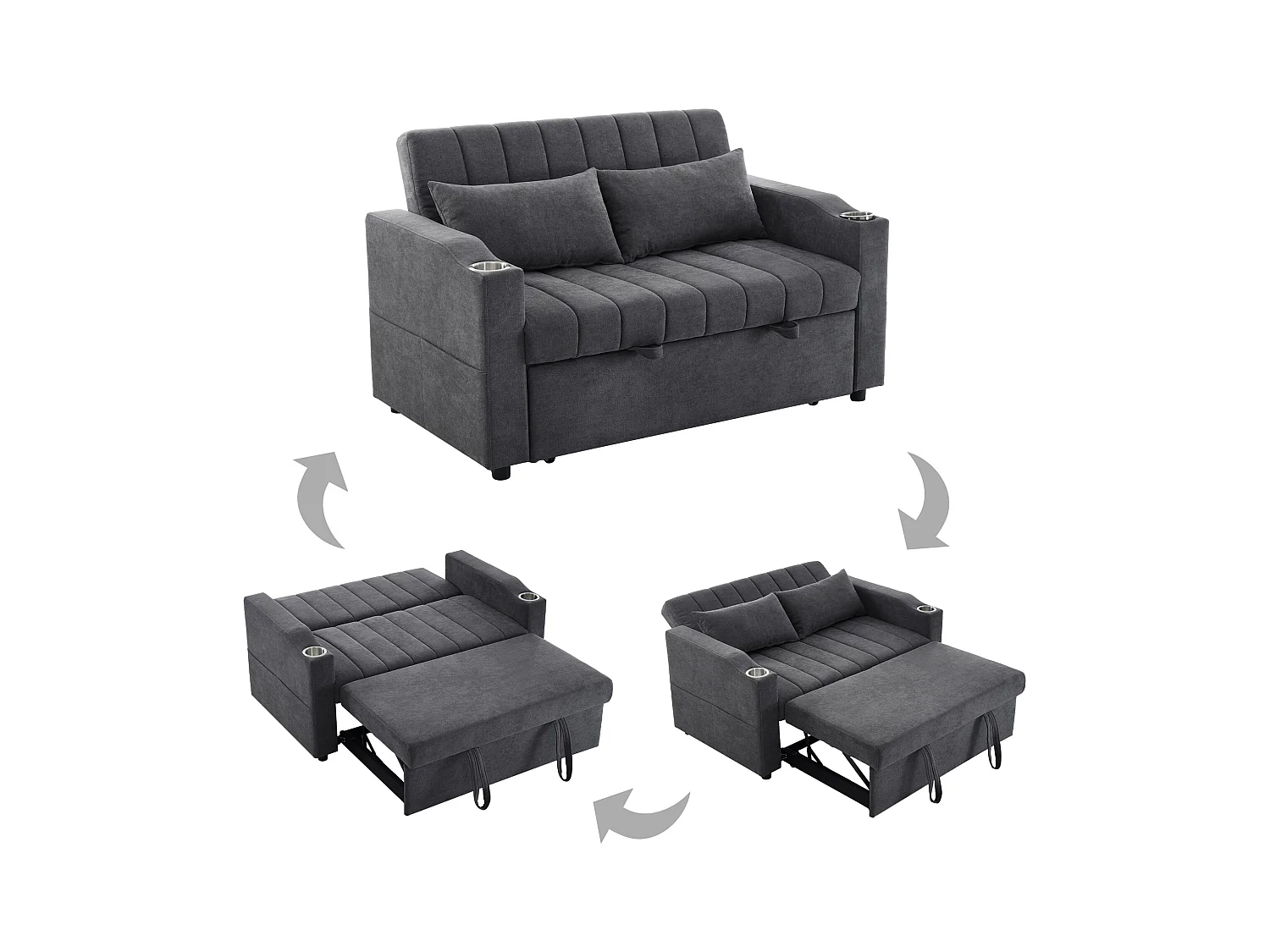 Canapé-lit gigogne - 80 x 160 cm - double avec dossier réglable + avec porte + gobelet + oreillers - Tissu - Coton - gris