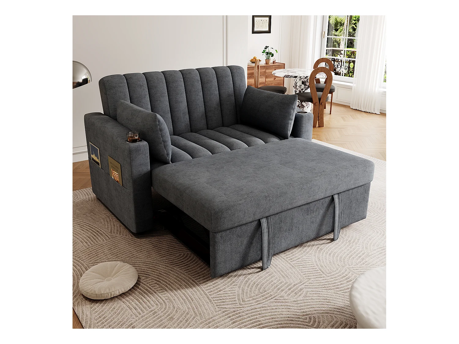 Ausziehbares Schlafsofa - 100 x 160 cm - Doppelbett mit verstellbarer Rückenlehne + mit Tür + Tasse und Kissen - grau