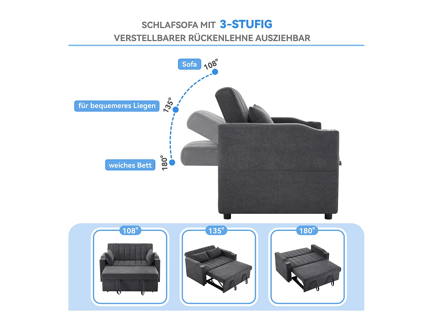 Ausziehbares Schlafsofa - 100 x 160 cm - Doppelbett mit verstellbarer Rückenlehne + mit Tür + Tasse und Kissen - grau