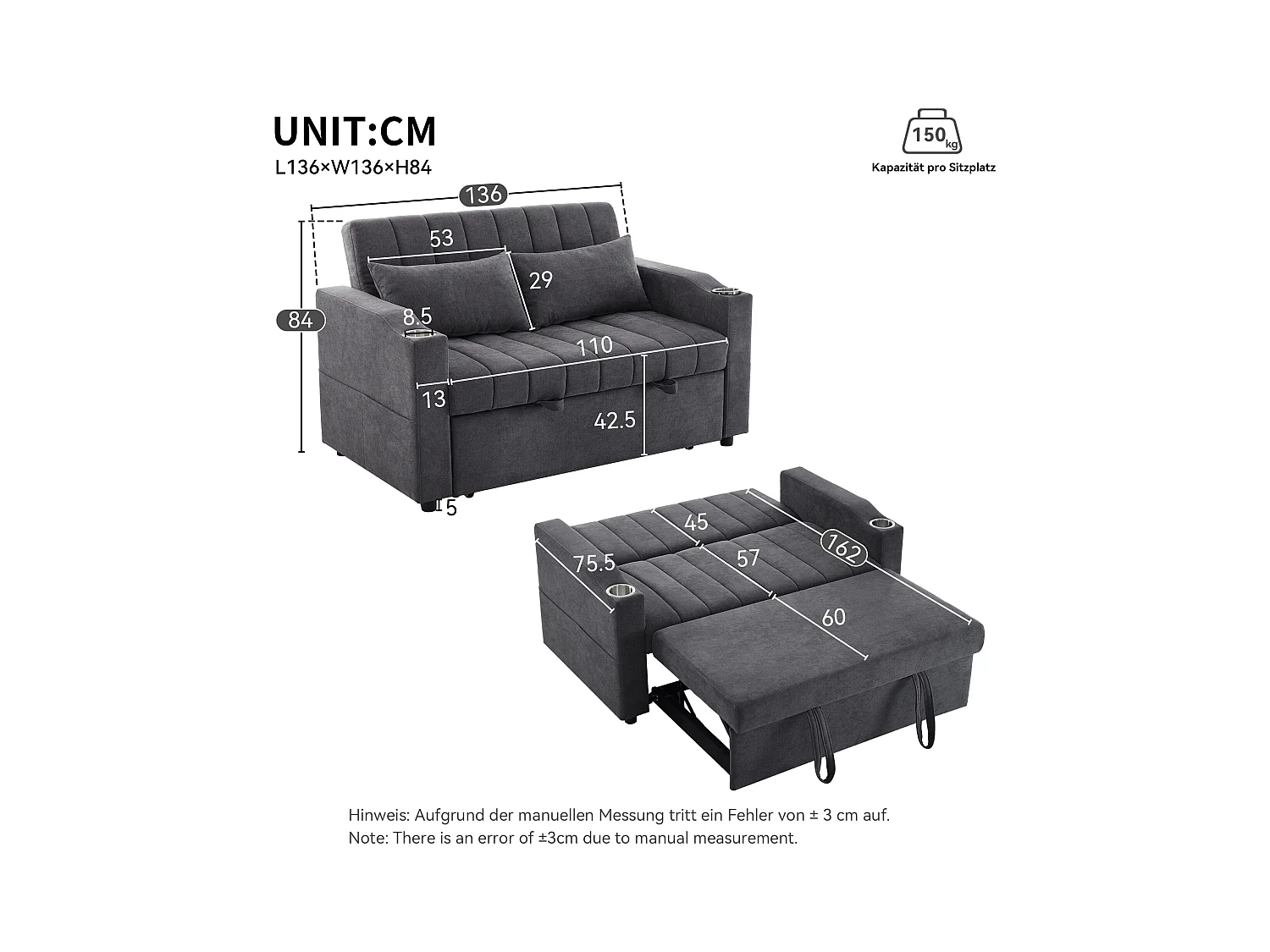 Ausziehbares Schlafsofa - 100 x 160 cm - Doppelbett mit verstellbarer Rückenlehne + mit Tür + Tasse und Kissen - grau
