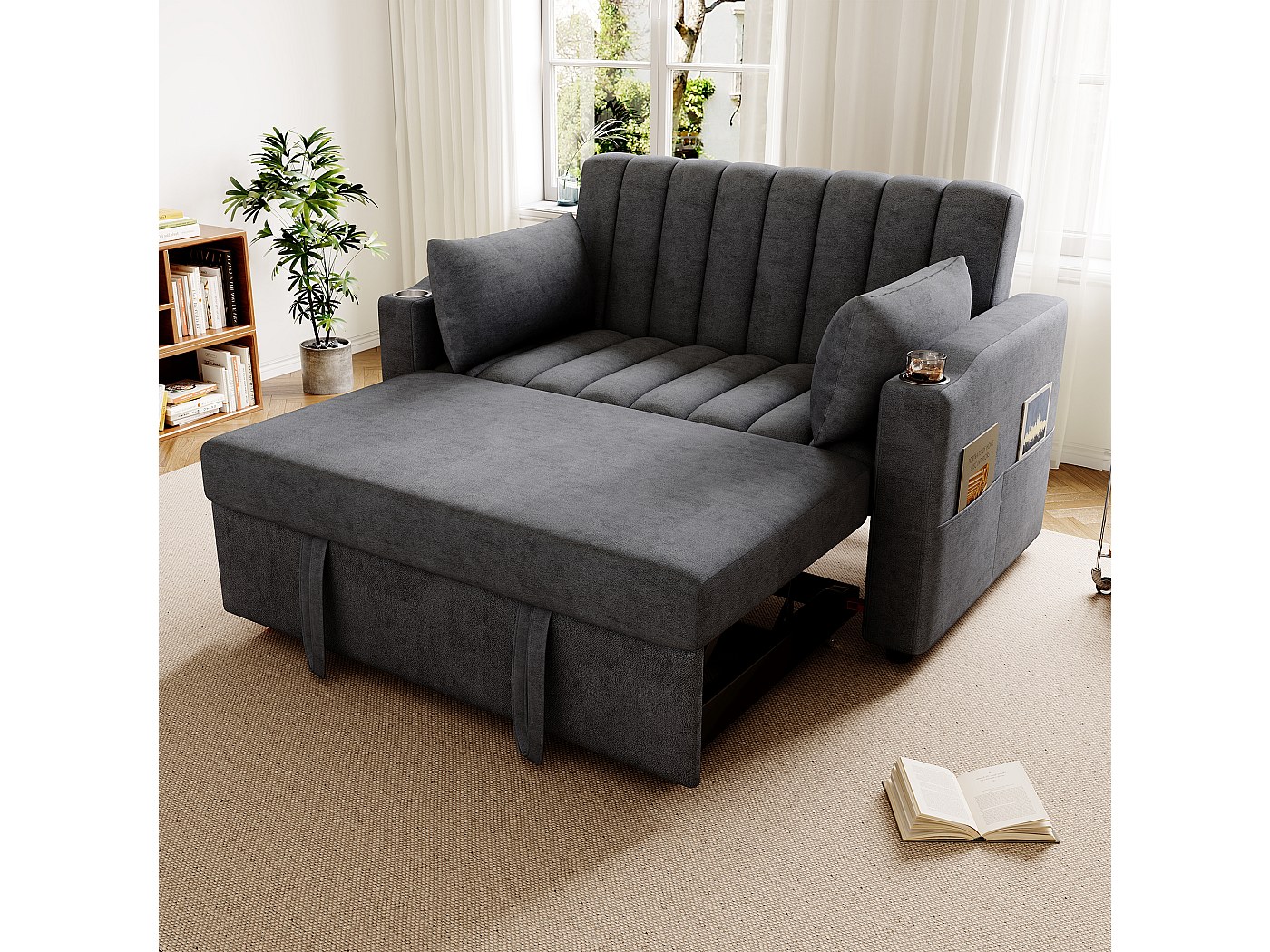 Canapé-lit 90x200cm - Avec Lit Gigogne - Avec éclairage LED Et Espace De Rangement Avec Usb Tissu De Lin Gris Matelas Non Inclus