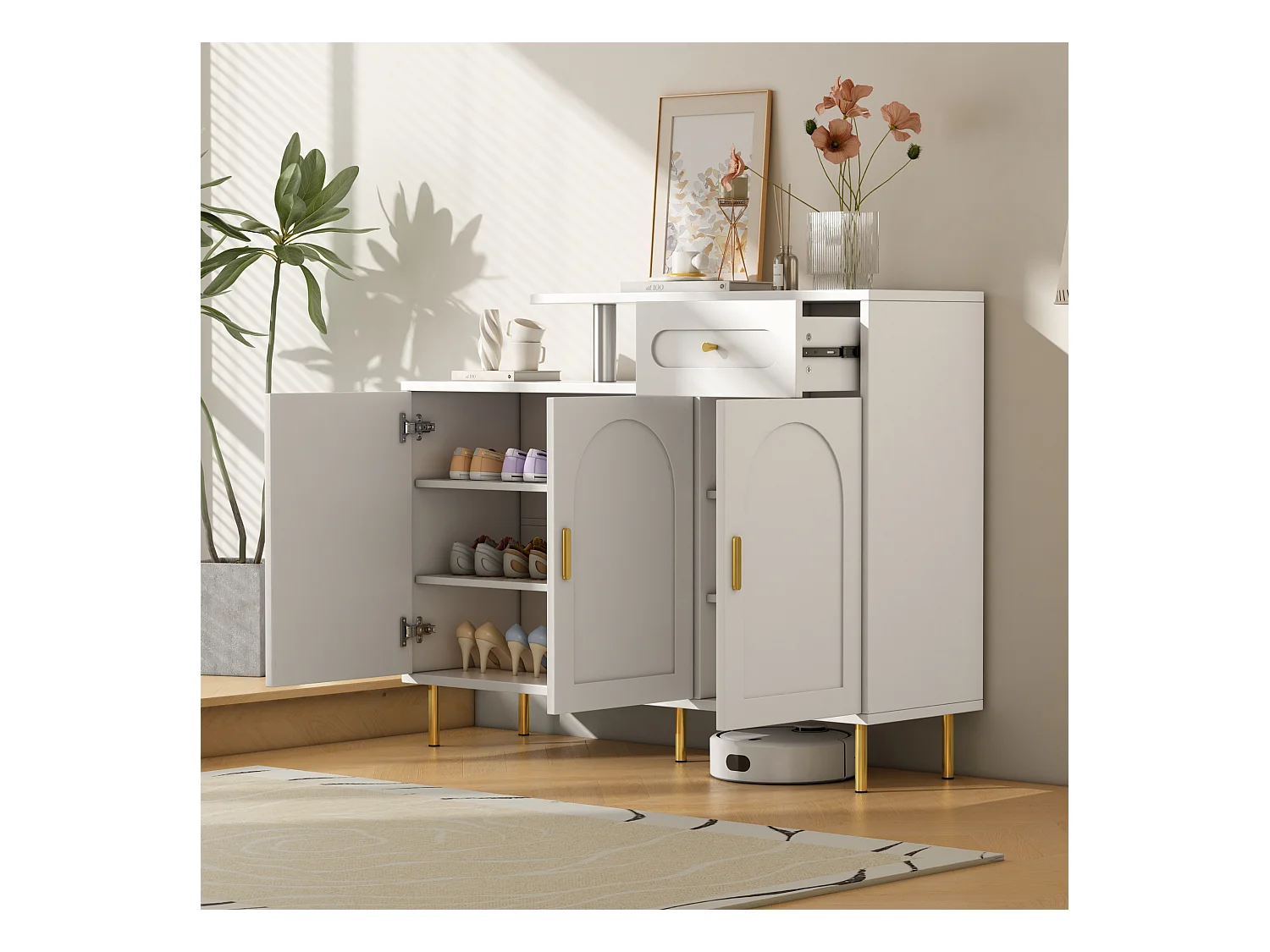 buffet bas - 120 x 35 x 92 cm - avec poignées en métal + 1 tiroir + 3 portes - aggloméré - blanc