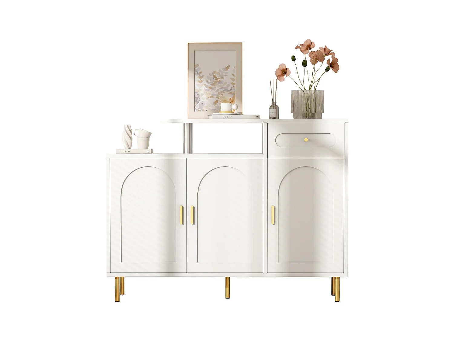 buffet bas - 120 x 35 x 92 cm - avec poignées en métal + 1 tiroir + 3 portes - aggloméré - blanc