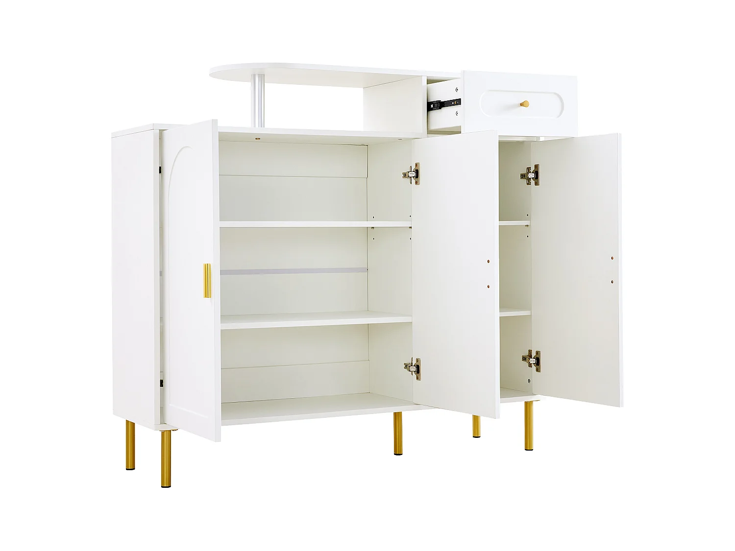 buffet bas - 120 x 35 x 92 cm - avec poignées en métal + 1 tiroir + 3 portes - aggloméré - blanc