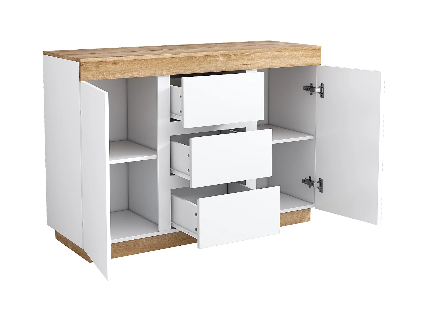 Niski kredens - 120,5 x 40,2 x 82,5 cm - z 3 szufladami + 2 drzwiami - do sypialni i salonu - płyta wiórowa E1 - biały