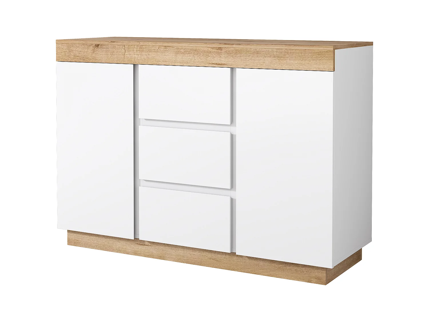 Niski kredens - 120,5 x 40,2 x 82,5 cm - z 3 szufladami + 2 drzwiami - do sypialni i salonu - płyta wiórowa E1 - biały