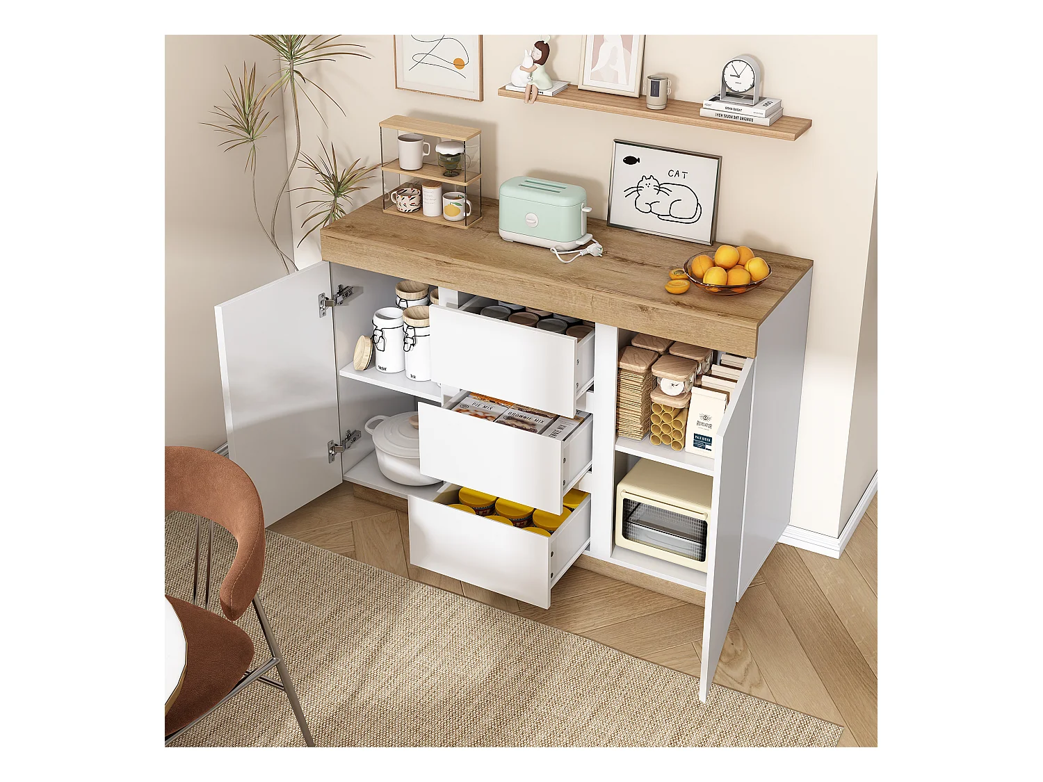 Buffet bas - 120.5 x 40.2 x 82.5 cm - avec 3 tiroirs + 2 portes - pour chambre et salon - aggloméré E1 - blanc