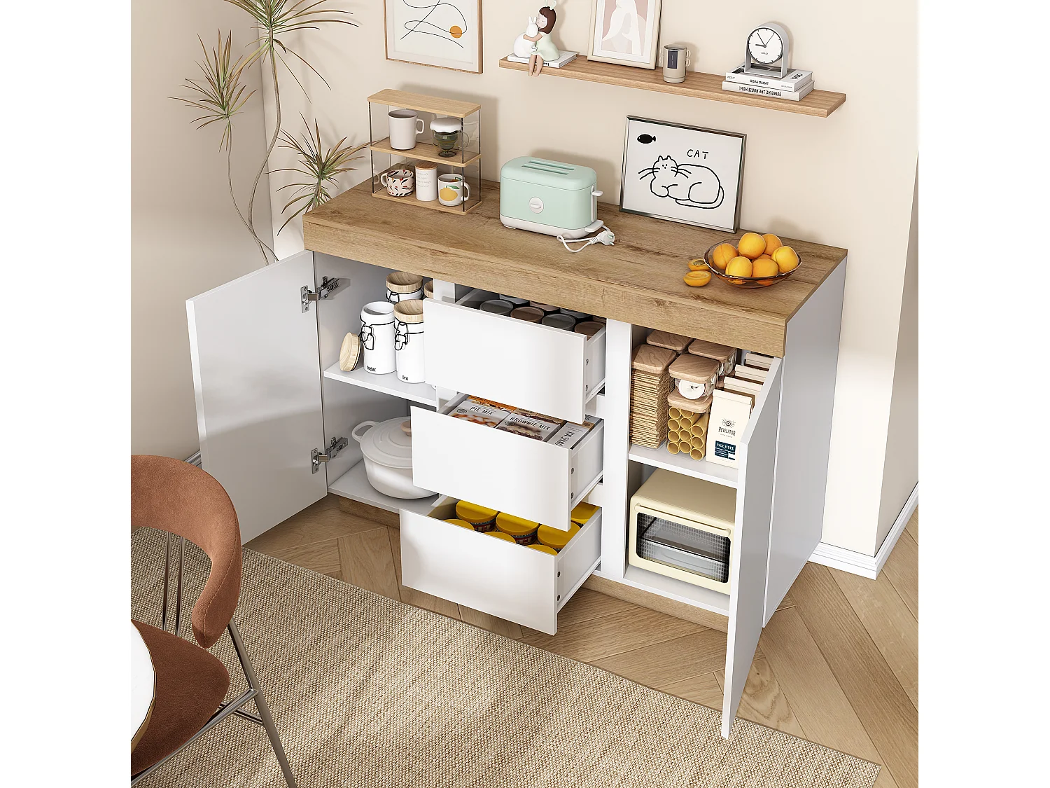 Credenza bassa - 120,5 x 40,2 x 82,5 cm - con 3 cassetti + 2 ante - per camera da letto e soggiorno - truciolato E1 - bianco