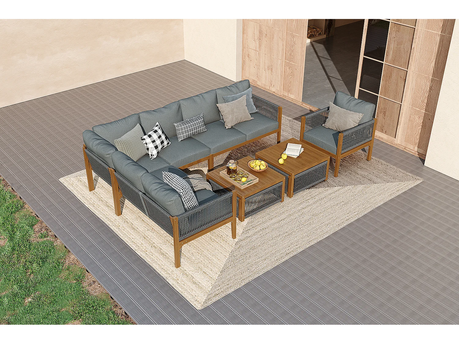 Set di mobili da giardino - 240 x 184 x 64 cm - con divani + tavolo + cuscini - poliestere - grigio