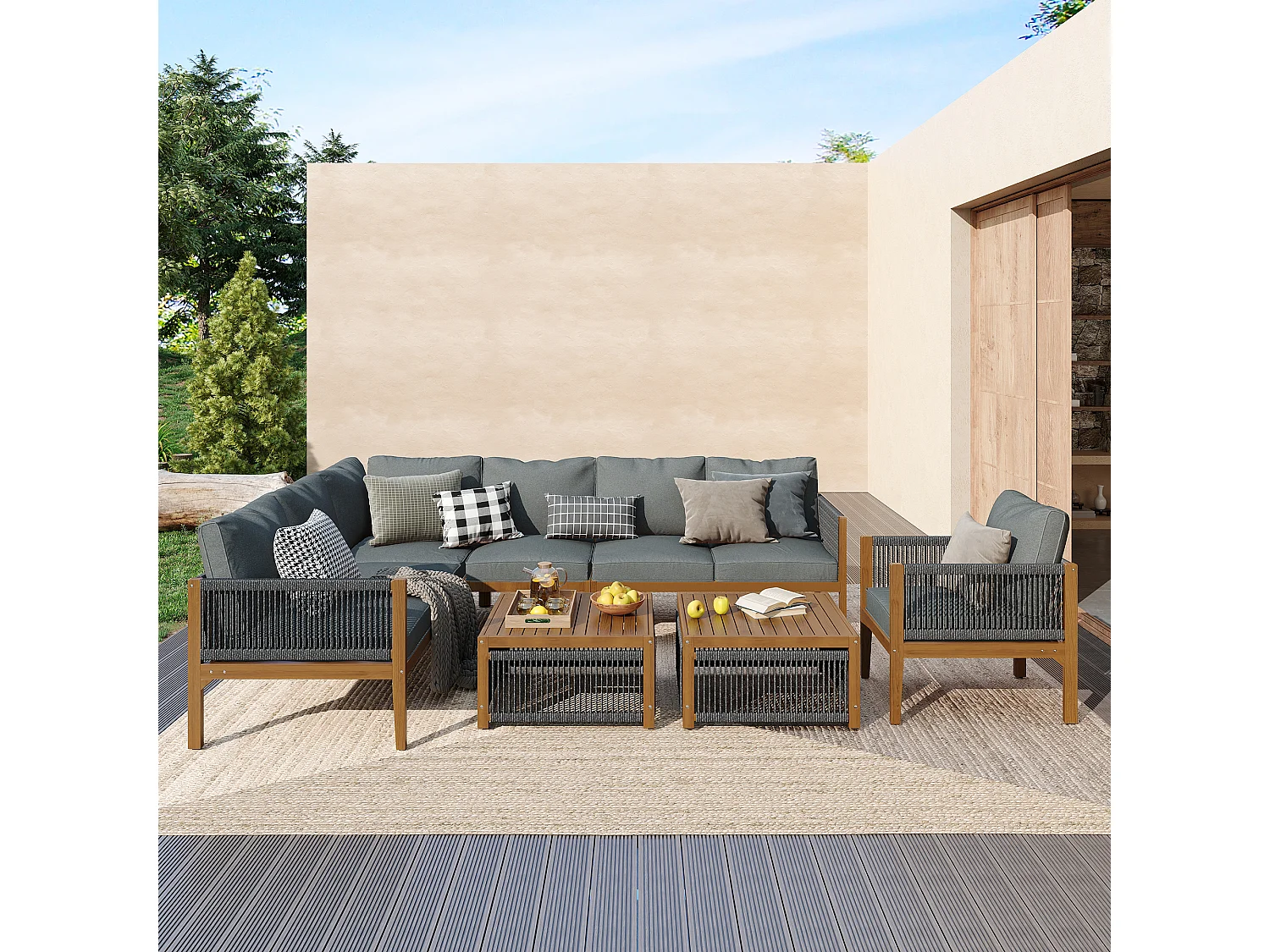 Ensemble salon de jardin - 240 x 184 x 64 cm - avec canapés + table + coussins - polyester - gris