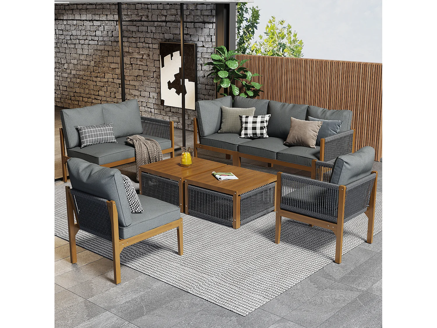 Ensemble salon de jardin - 240 x 184 x 64 cm - avec canapés + table + coussins - polyester - gris